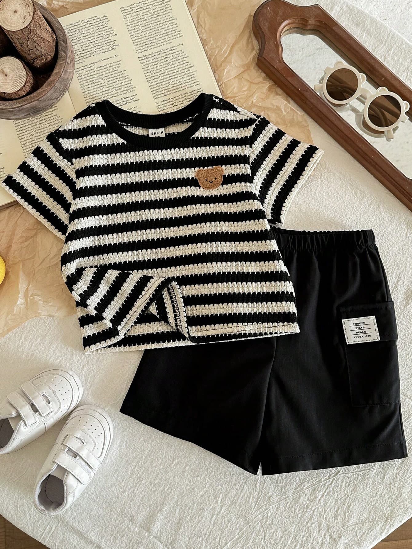 LMoss Kids LMoss Baby Boy Striped Bear Embroidery Round Neck Short Sleeve T-Shirt And Shorts Casual Holiday Outfit,Summer Outfits,Boys Outfit Sets