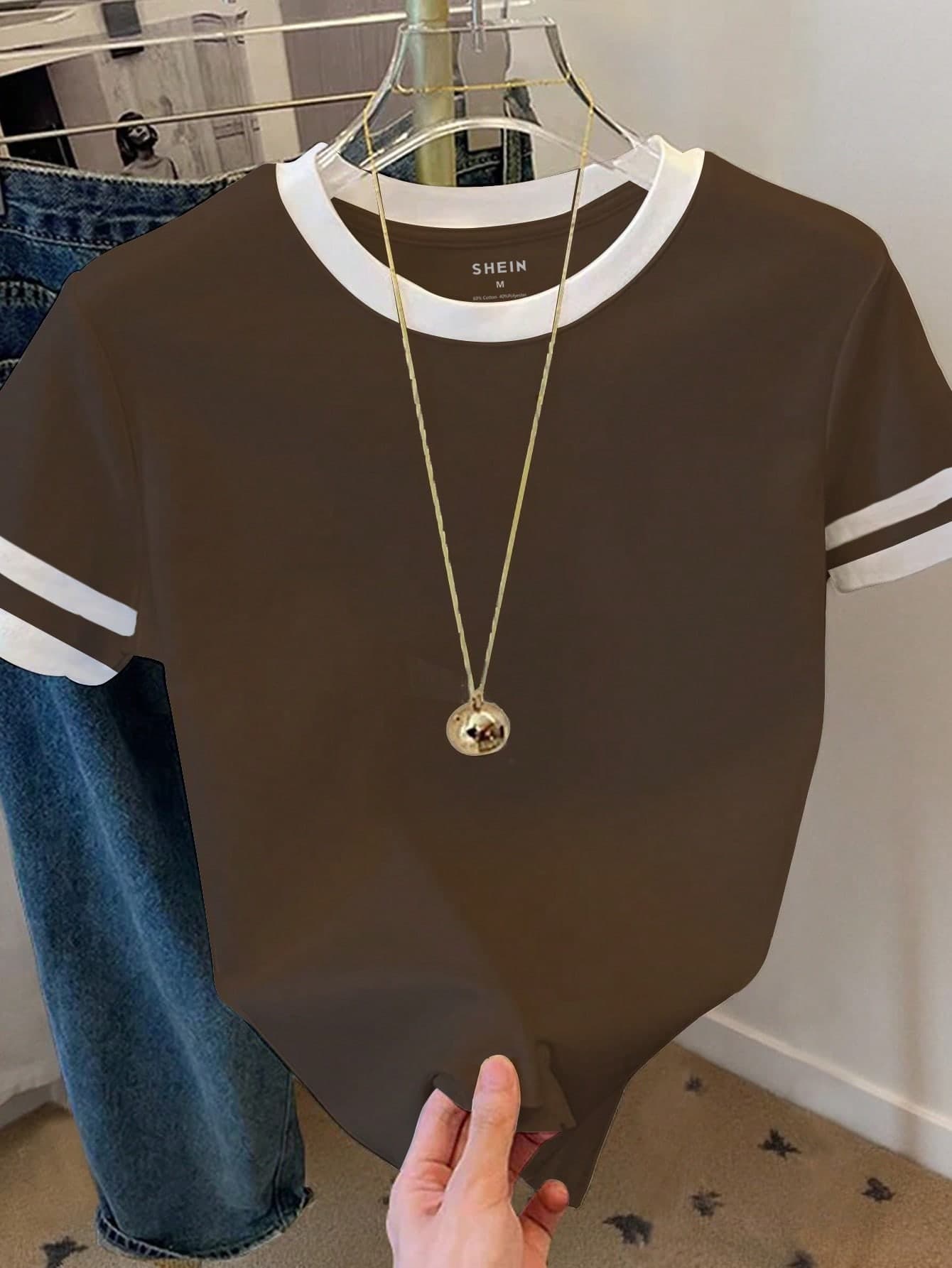 SHEIN Women's Color Block Round Neck Short Sleeve Casual Versatile T-Shirt