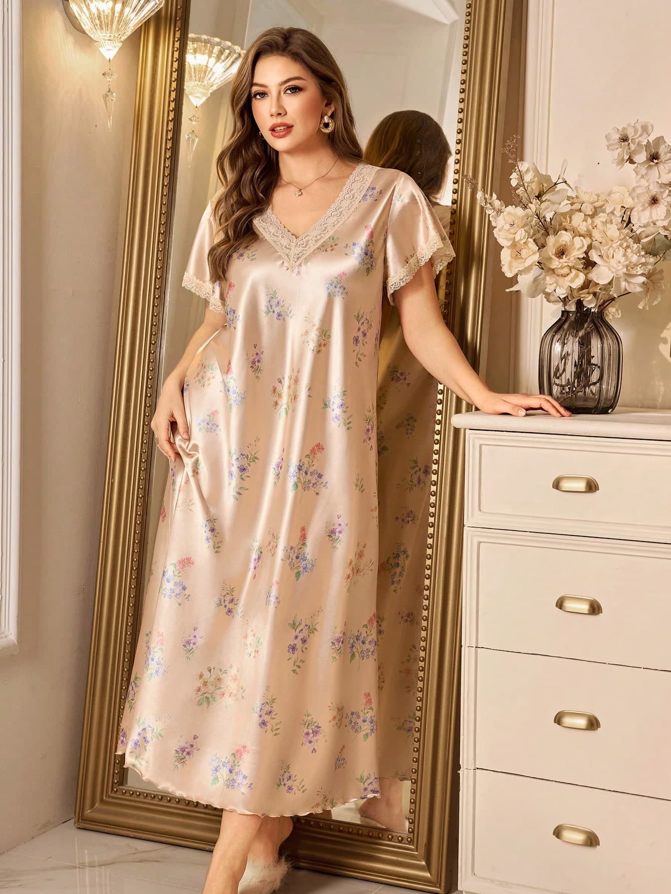 MuseNap CURVE Floral Print Faux Silk Contrast Lace Trim Elegant Plus Size Dress Floral Print Dress Long Dress Night Dress Sleepwear Short Sleeve Dress