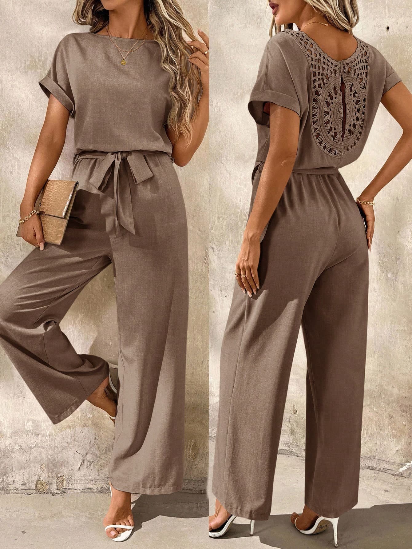 SHEIN Clasi Plus Size Women's Solid Color Batwing Collar Loose Jumpsuit,Brown Summer Smart Casual Romper,Lace Back Detail Two Piece Set Blouse & Pants Outfits