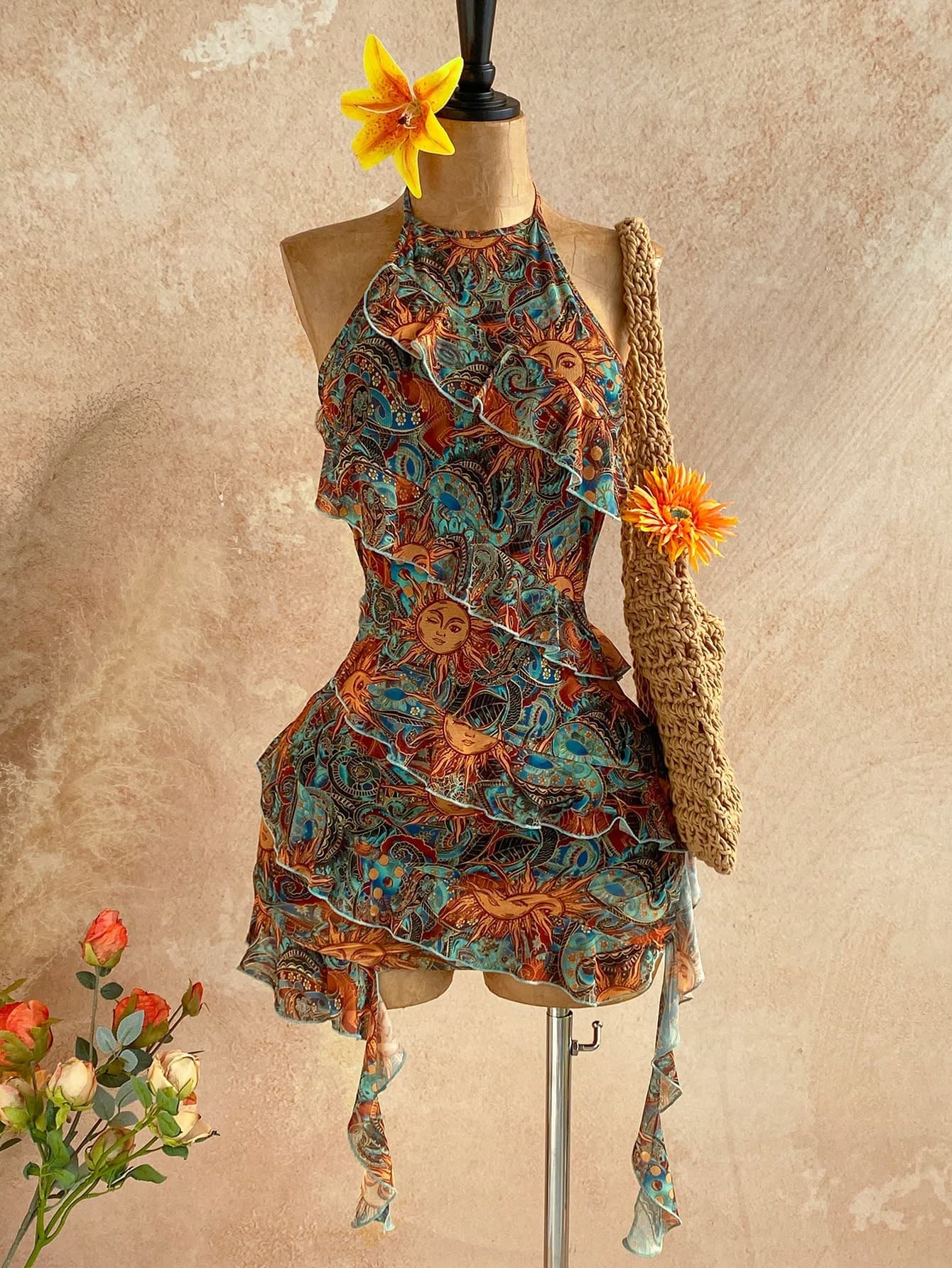 Soleia Women's Vacation Casual Paisley Print Ruffle Trim Backless Halter Mini Dress