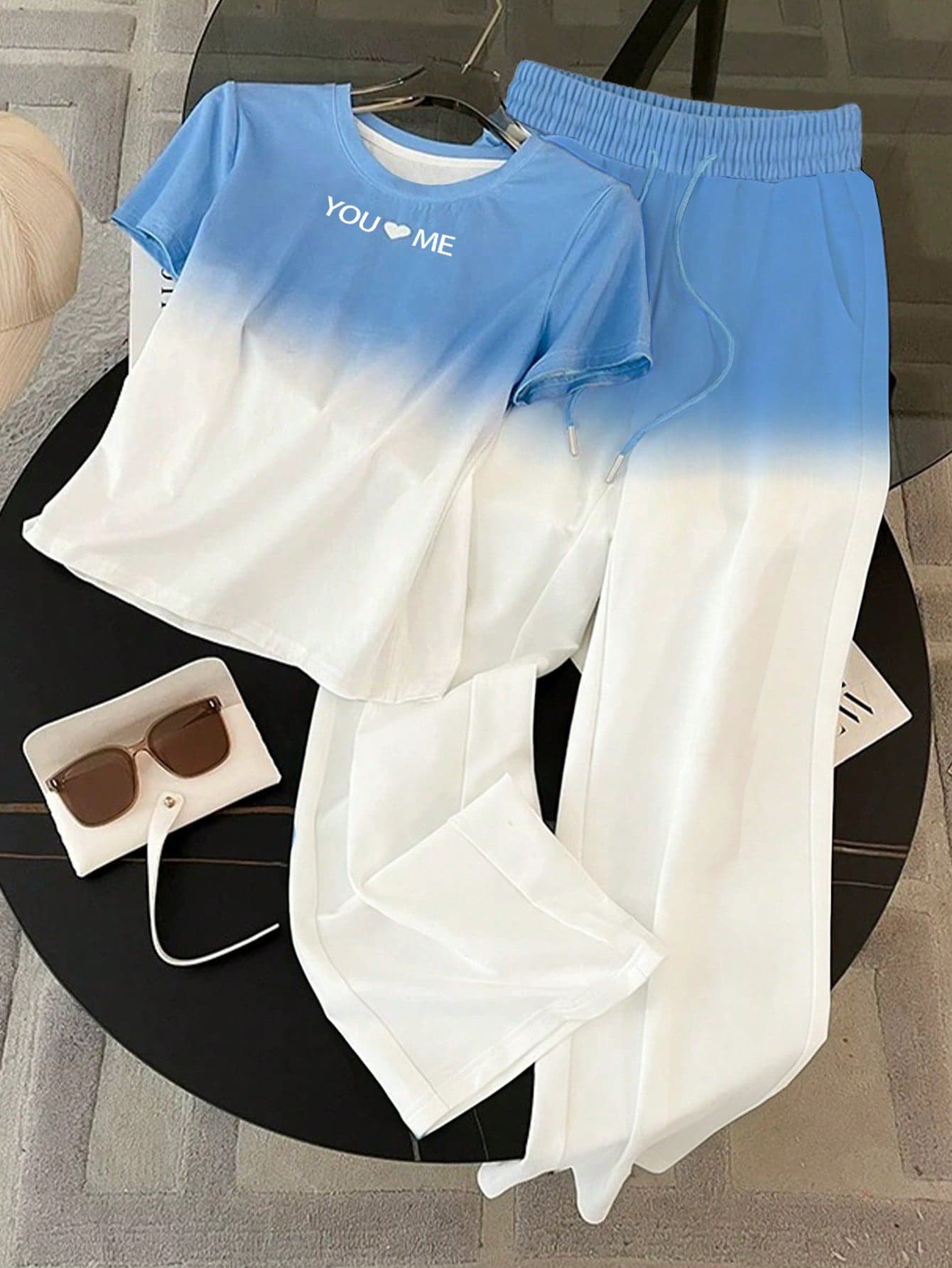 Resyla Regular Fit Crew Neck Short Sleeve T-Shirt + Straight Leg Pants With Slant Pockets