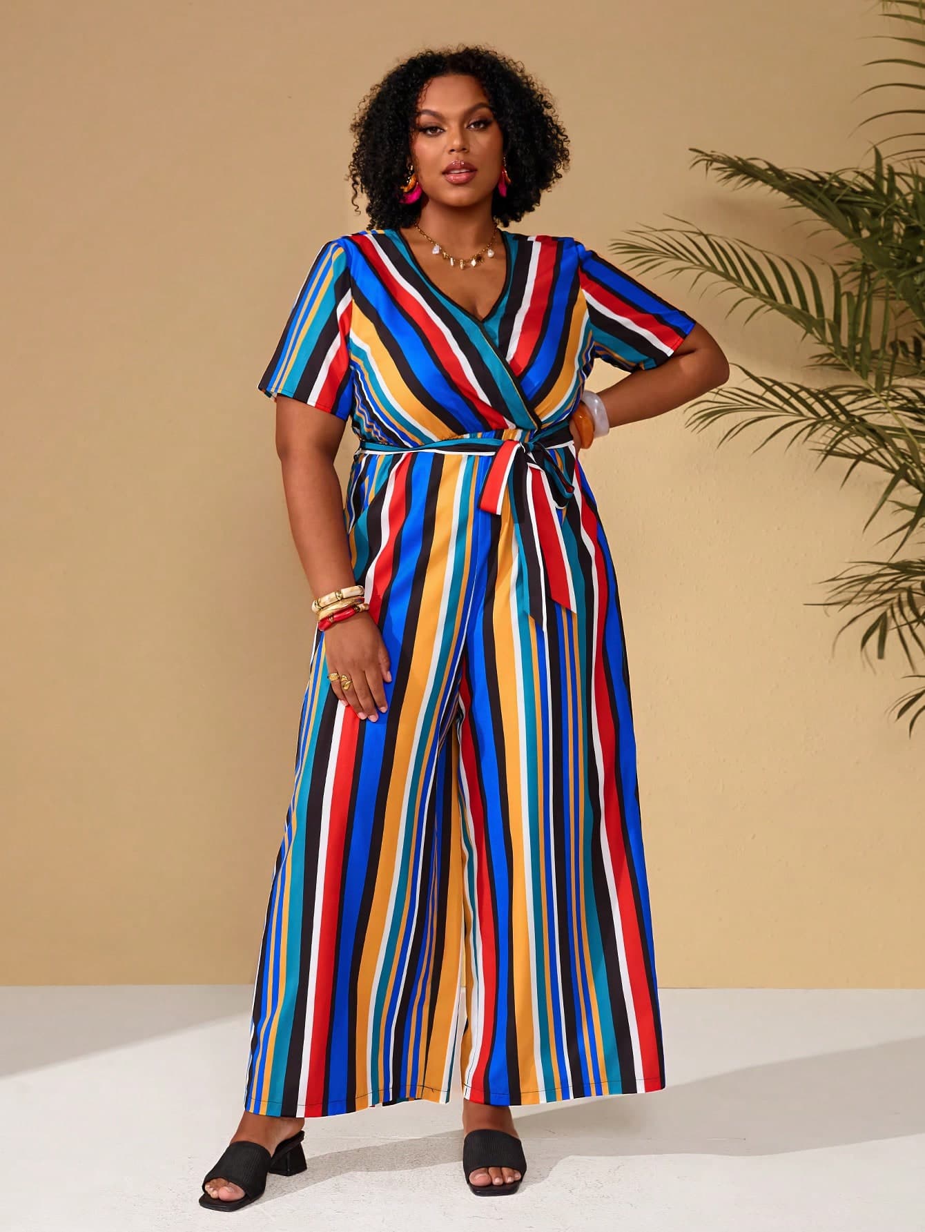 BrightlyHer Plus Size Women's Blue Colorful Striped V-Neck Short Sleeve Loose Jumpsuit,Boho Bohemian Summer Vacation Holiday Outfits,Spring Beach Clothes Set
