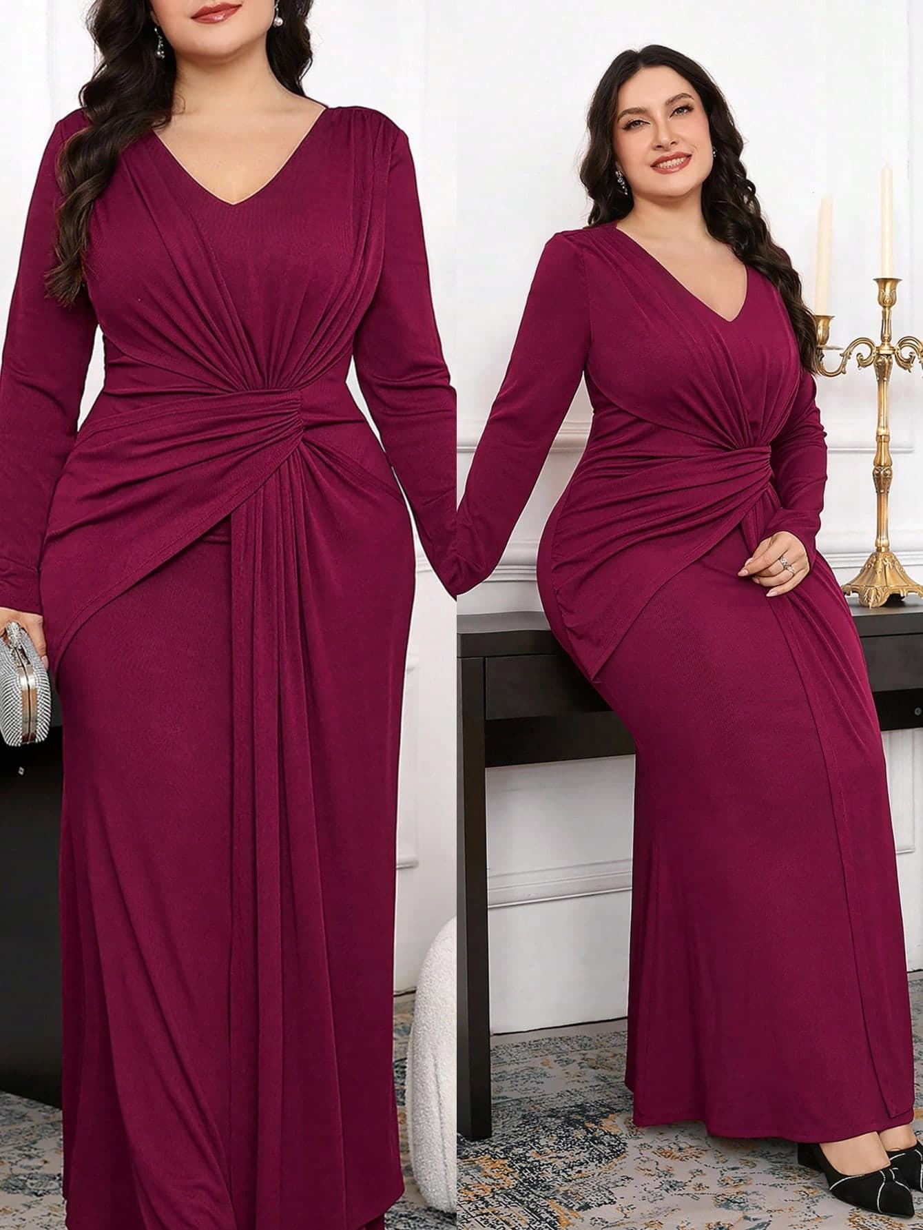 Modelyn Plus Size Women V-Neck Long Sleeve Pleated Elegant Dress Curve Dresses Burgundy Fall
