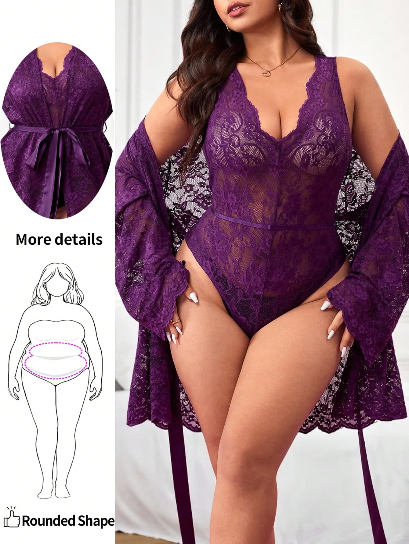 Enliva Plus Size Women's Sheer Lace Bodysuit And Long Sleeve Jacket Set,Purple,Autumn,Elegant,Wedding, Two Pieces Valentine's Day Gift For Rounded Body