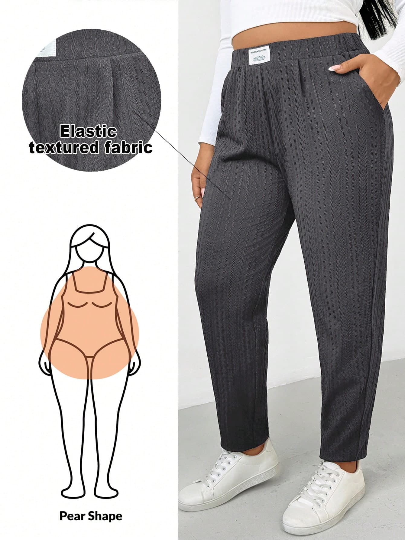 SHEIN Essnce Women's Plus-Size Autumn Curve Tapered Pants,Plain Grey Textured Fabric Elastic Waist Smart Casual Work Trousers,Comfortable Fall Loungewear Bottoms