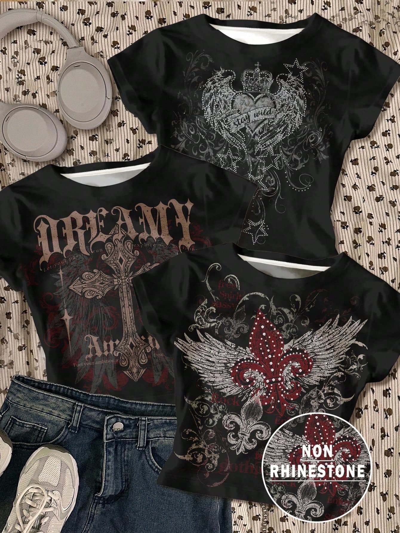 SHEIN Teen Girls Grunge Vintage Punk Goth Heart Wing Cross Print Design