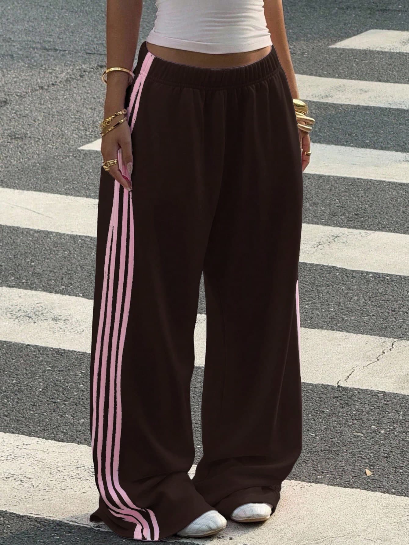 Muchica Plus Size Women Brown Side Stripe Wide Leg Loose Casual Pants S Trousers Oversize For Track Joggers Palazzo Fall