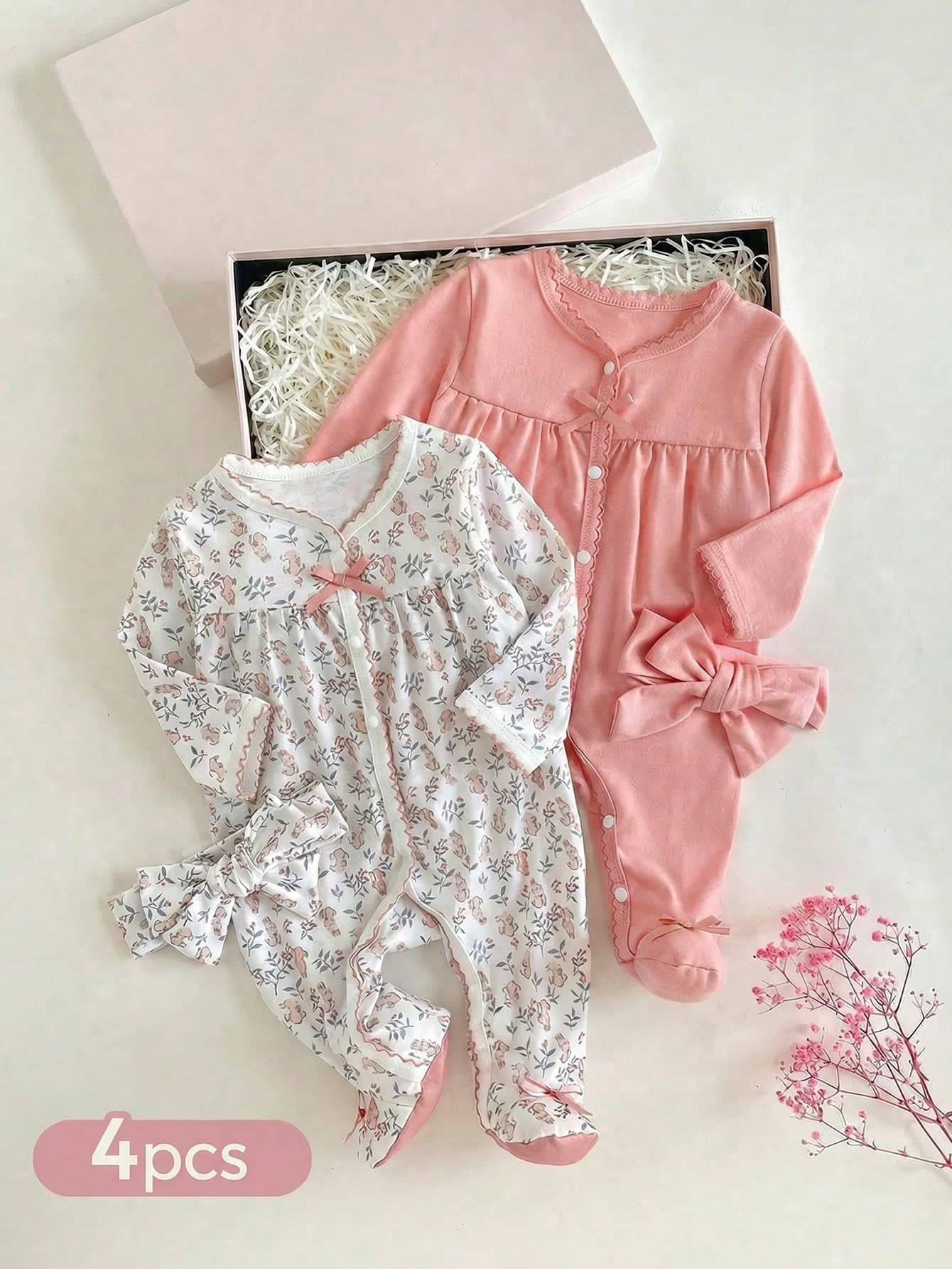 SHEIN 2pcs/Set Newborn Baby Girls Cute Light Pink Ditsy Floral Romper & Pants Set,Rabbit Design Long Sleeve Footed Jumpsuit With Hat For Winter Night