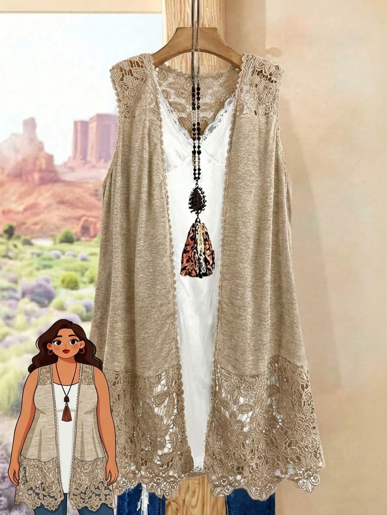 Rusticease Plus Size Women Contrast Lace Open Front Sleeveless Fashion Jacket Summer Spring Country Style For Brown Vest-Style Patchwork Coat Boho Cardigan Vest