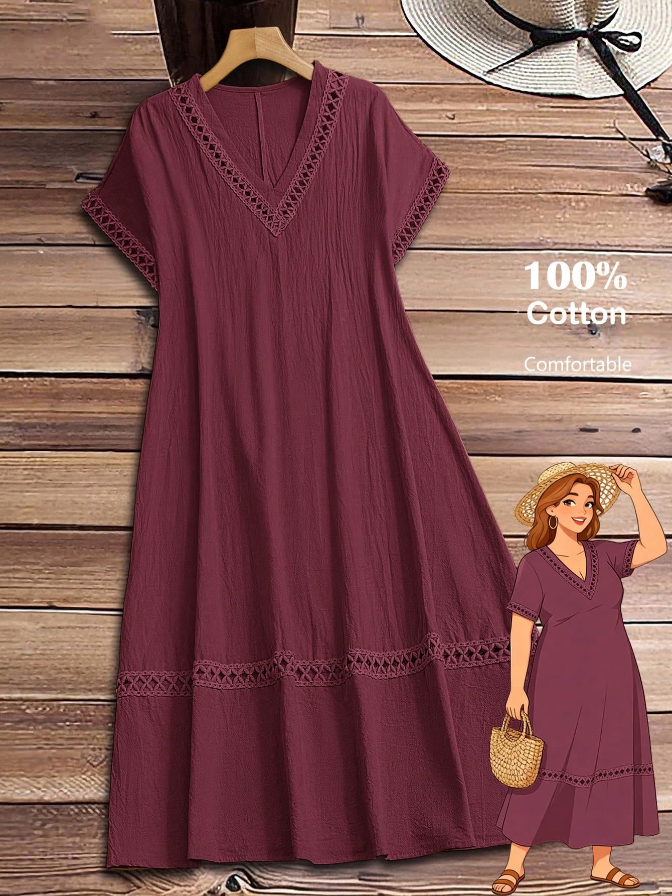 Rusticease Plus Size Women's Summer Burgundy Boho Vacation Holiday Dress,V-Neck Short Sleeve Solid Color Flowy Country Casual Beach Outfits,2026 New