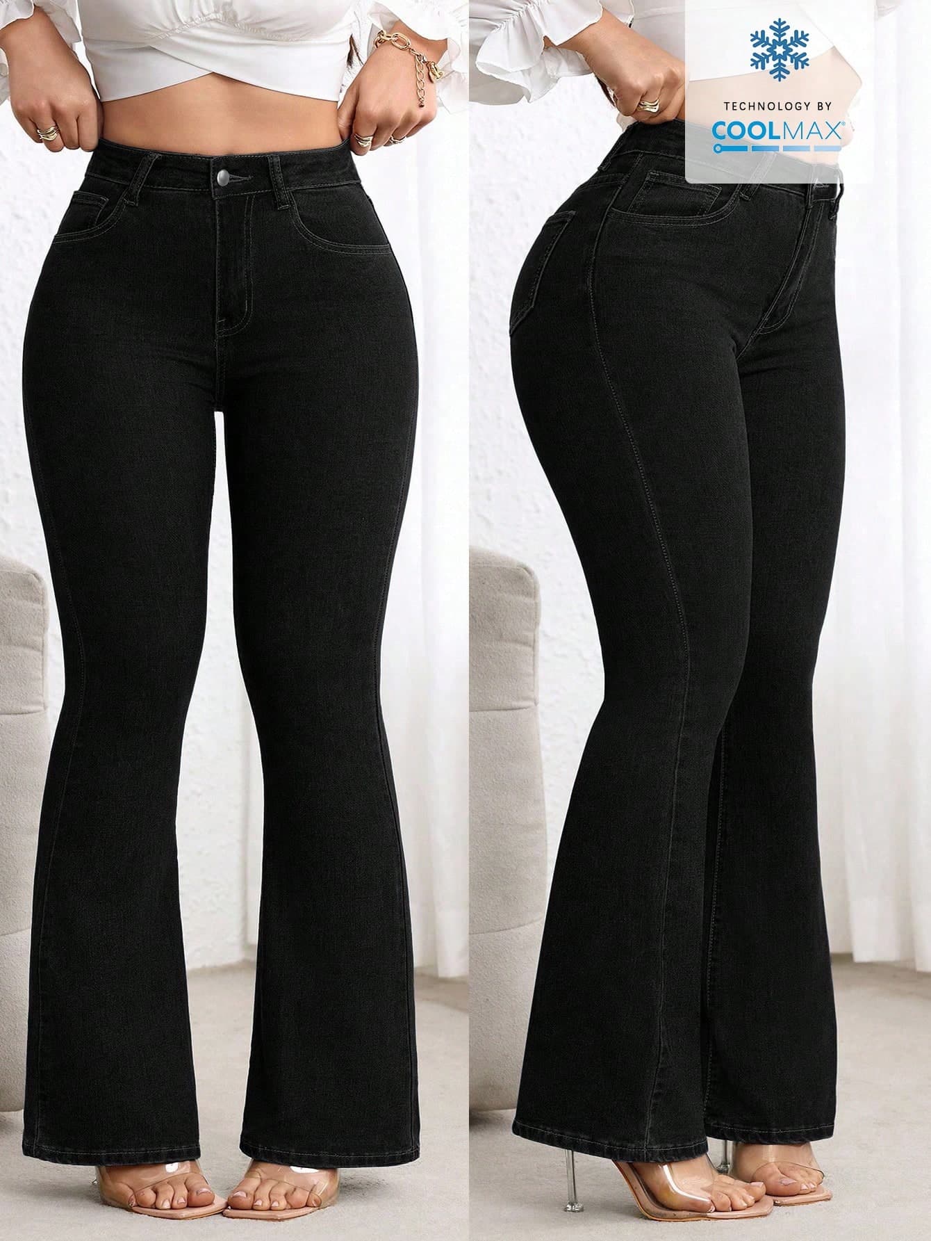 Flexra Plus Size High Waist Slim Fit Flare Leg Washed Black Jeans