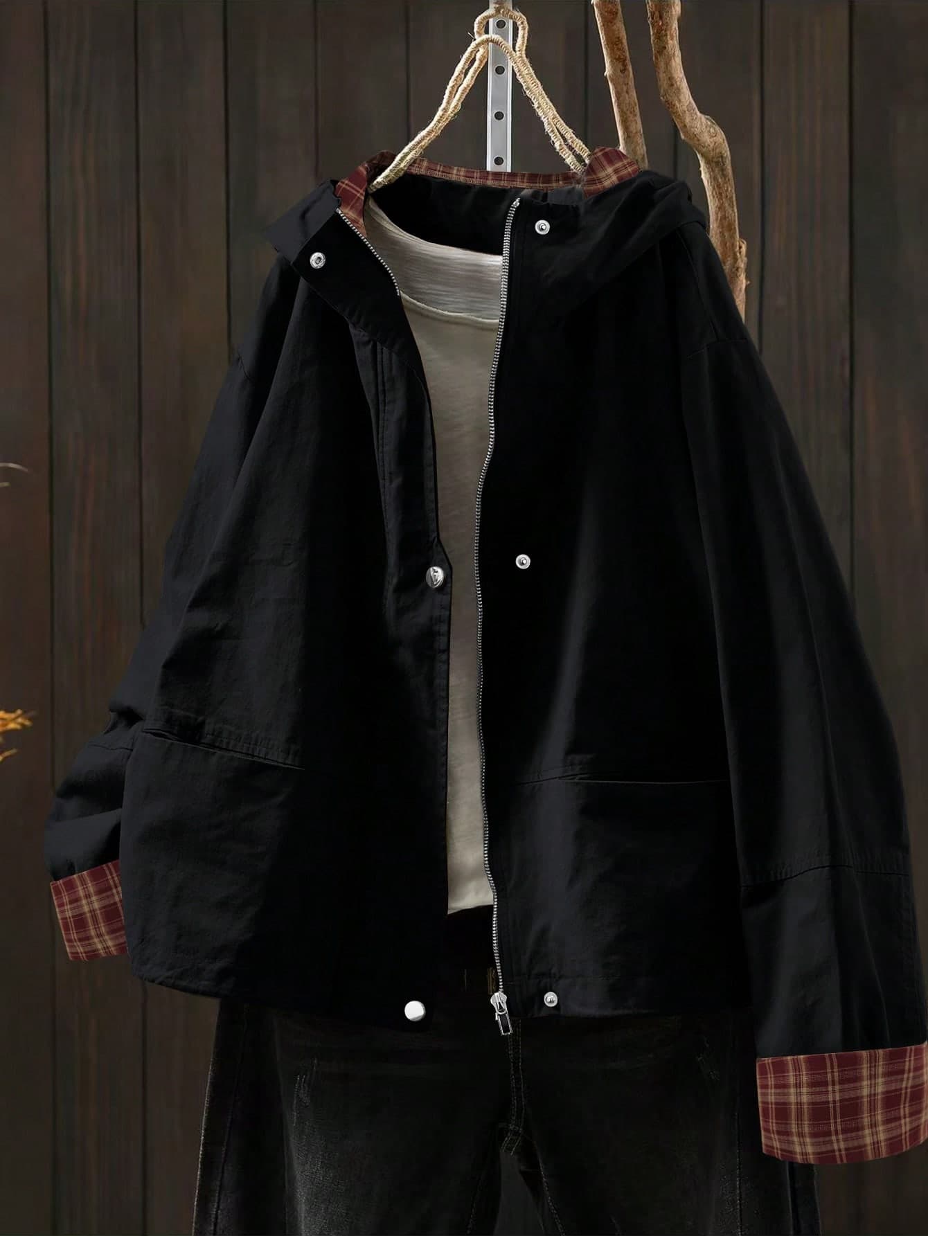 Linhara Plus Size Women Long Sleeve Zip Front Hooded Casual Jacket Black Jacket Women Shackets For Women Dark Academia Clothes Oversized Jacket Crop Jacket
