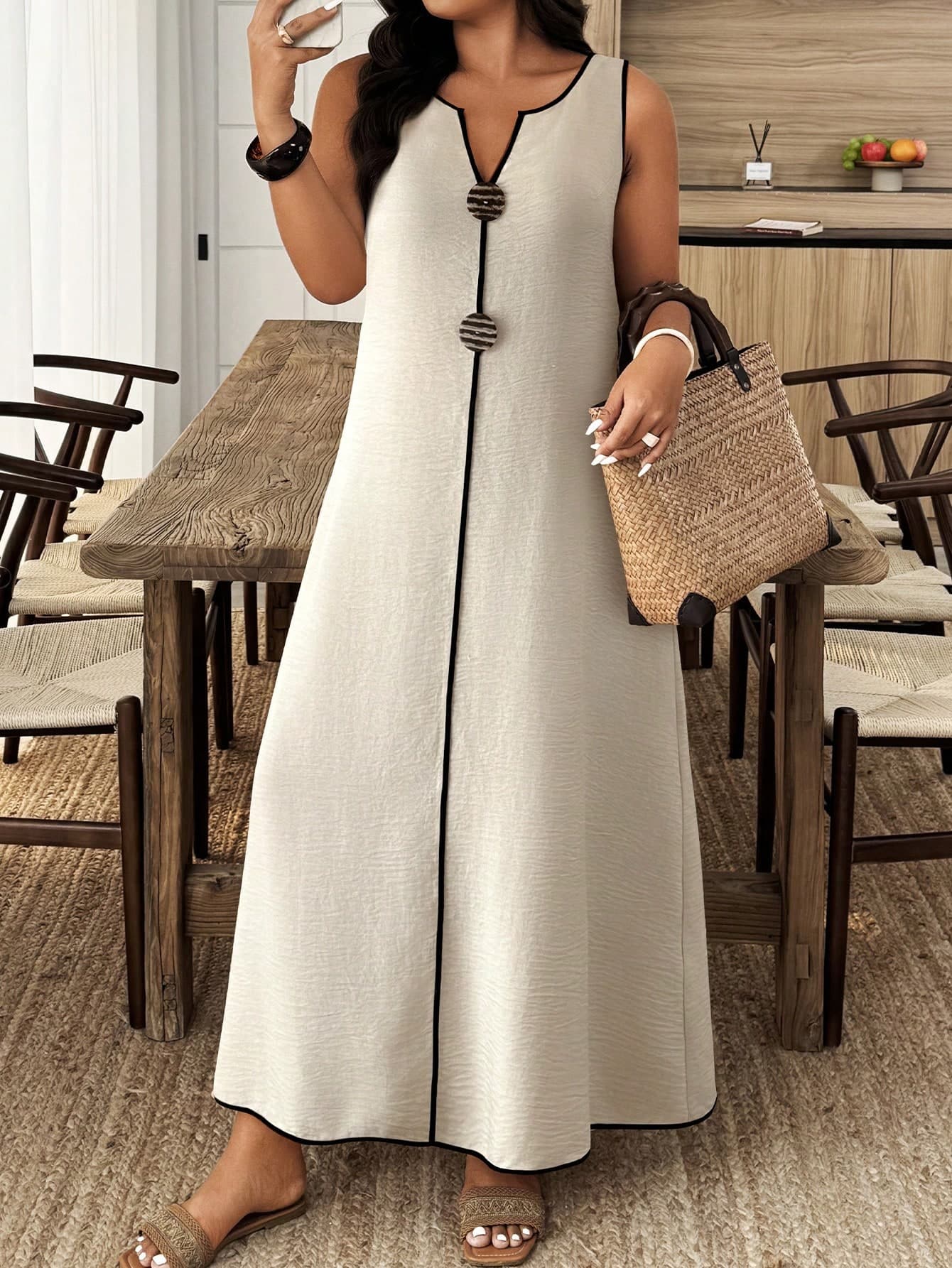 Weeklong Apricot Linen-Cotton Maxi Dress,Sleeveless V-Neck With Black Trim,Large Button,Plus Size A-Line,Summer Smart Casual Vacation Holiday,Party Wear