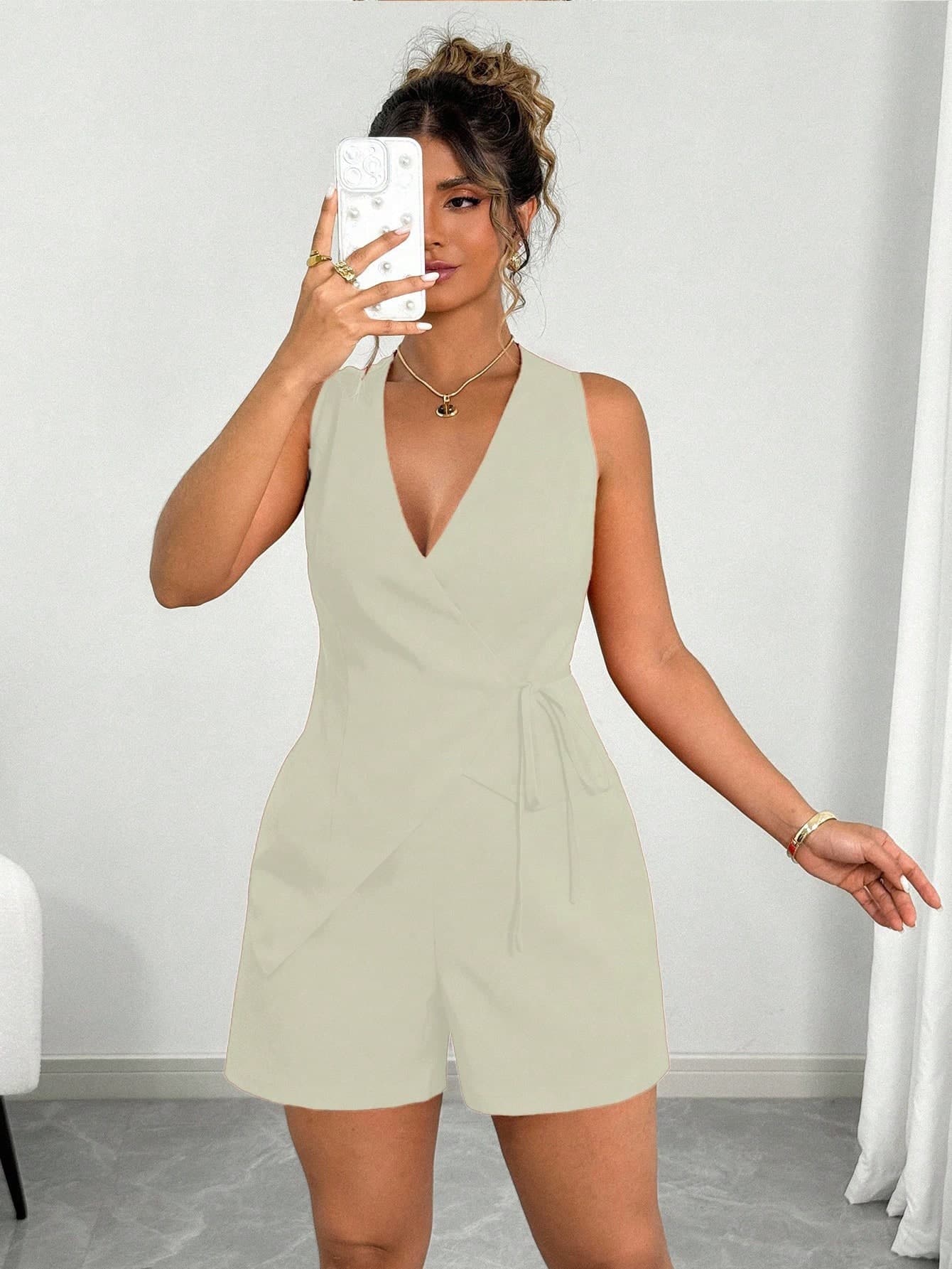 Elenzga Women's Plus Size Beige Summer Smart Casual Formal Vintage Lace-Up Asymmetrical Sleeveless Top And Shorts 2-Piece Set Curve Romper Short Jumpsuit