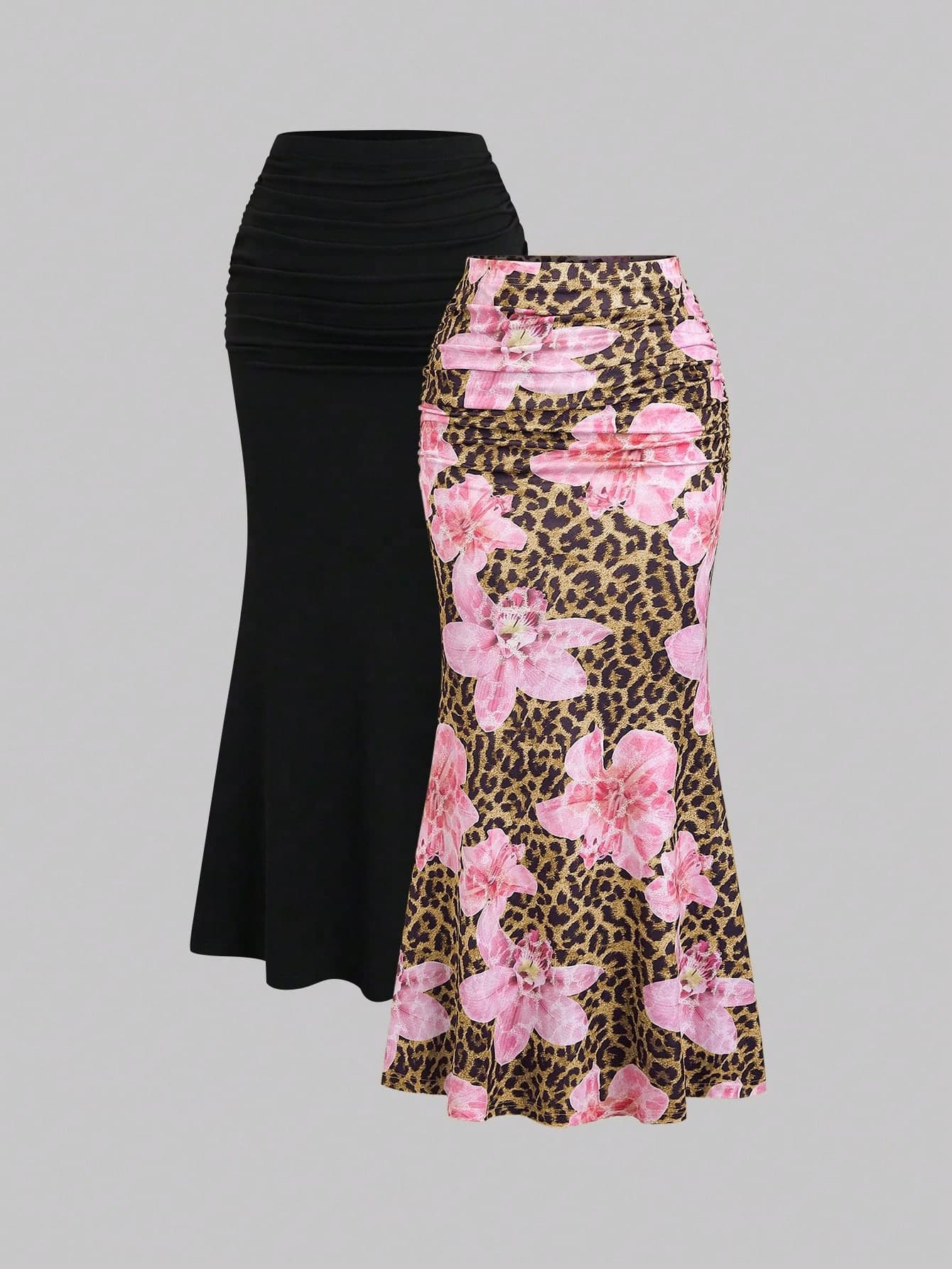 Sweetra 2pcs Women's Elegant Party Solid Color Mermaid Skirt And Floral Print Skirt Set
