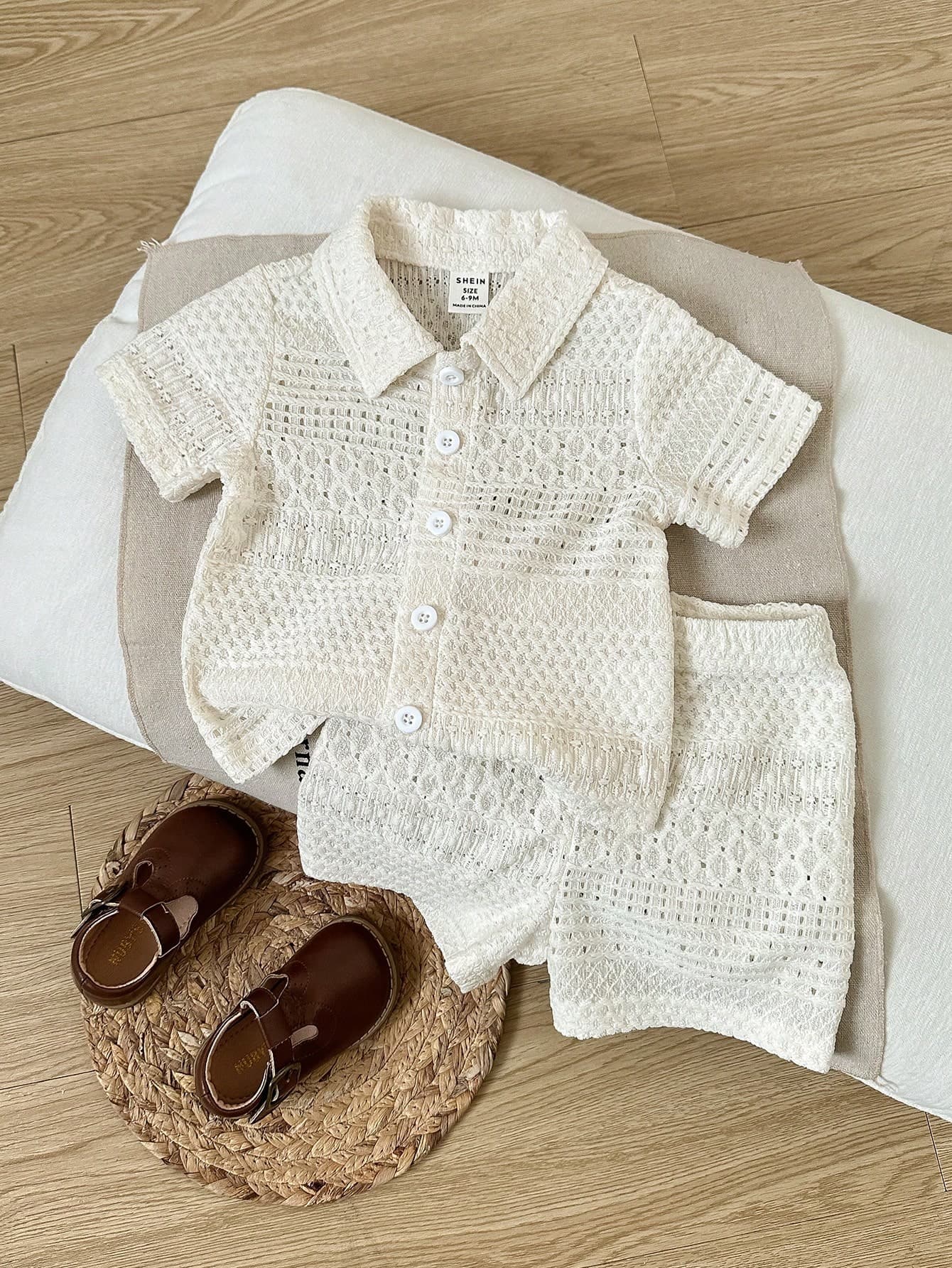 Playful Pals 2pcs Baby Boys Polo Collar Short Sleeve Jacquard Knit Beige Button-Up Top & Elastic Waist Shorts Outfit,Summer Boho Holiday Vacation Casual Set