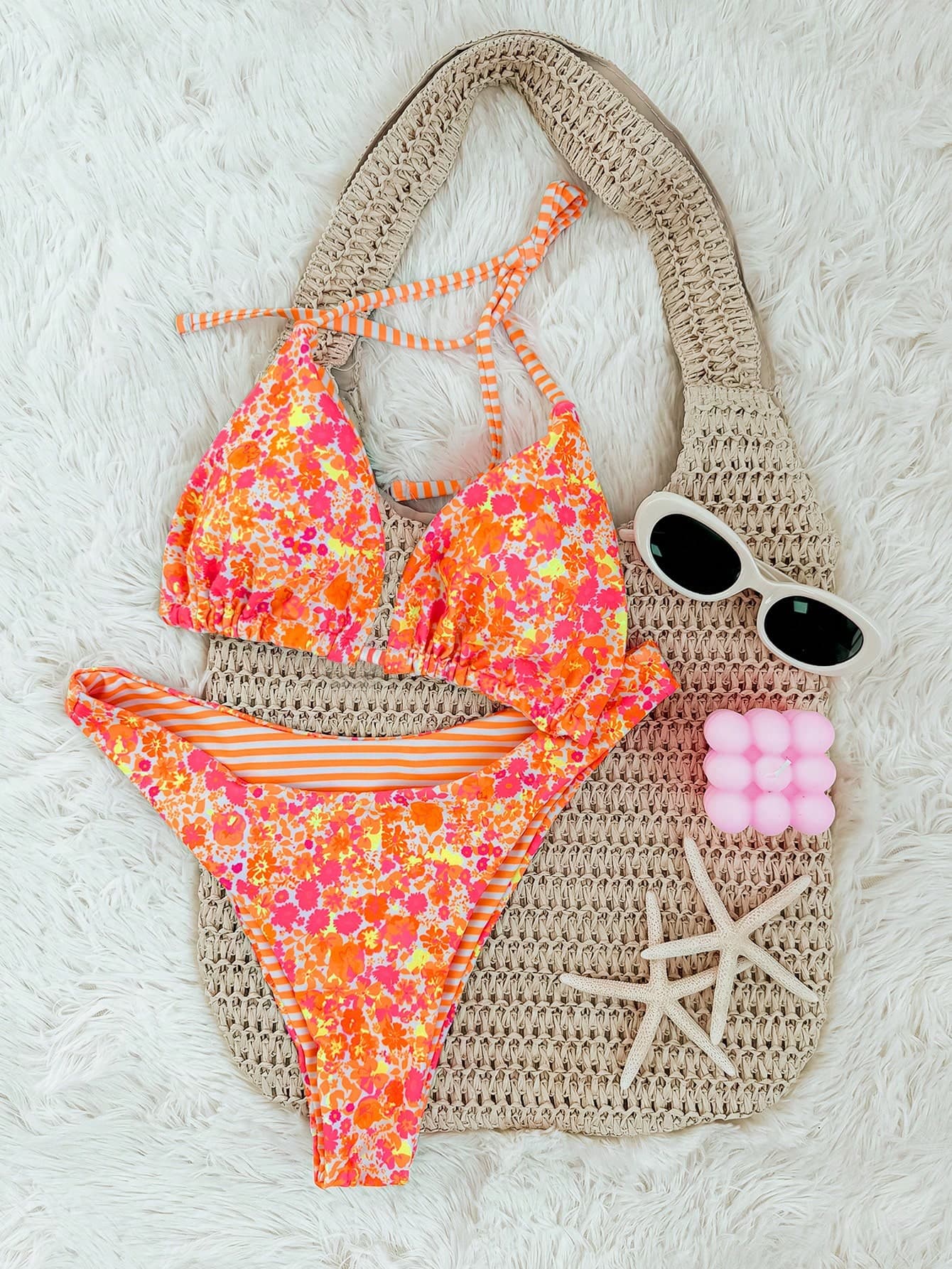 Swim Mod 2pcs/Set Women Cute Fashion Red Orange,Summer,Y2k,Beach Vacation,Holiday,Holiday Random Print Reversible Halter Top And Bottoms Bikini Set Topical