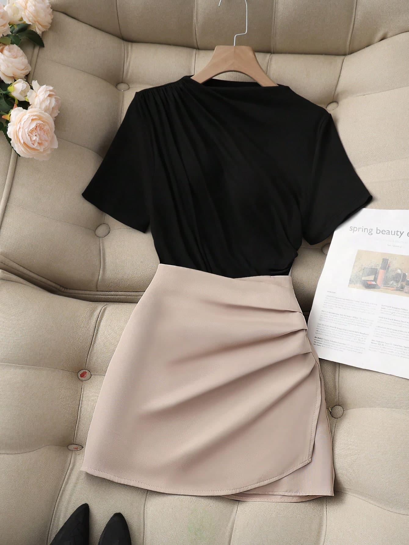 Franclia Women's Elegant Summer Black And Beige 2-Piece Set,Turtleneck Short Sleeve Fitted Pleated T-Shirt And Asymmetrical Hem Mini Skirt,Office Commuter Suit