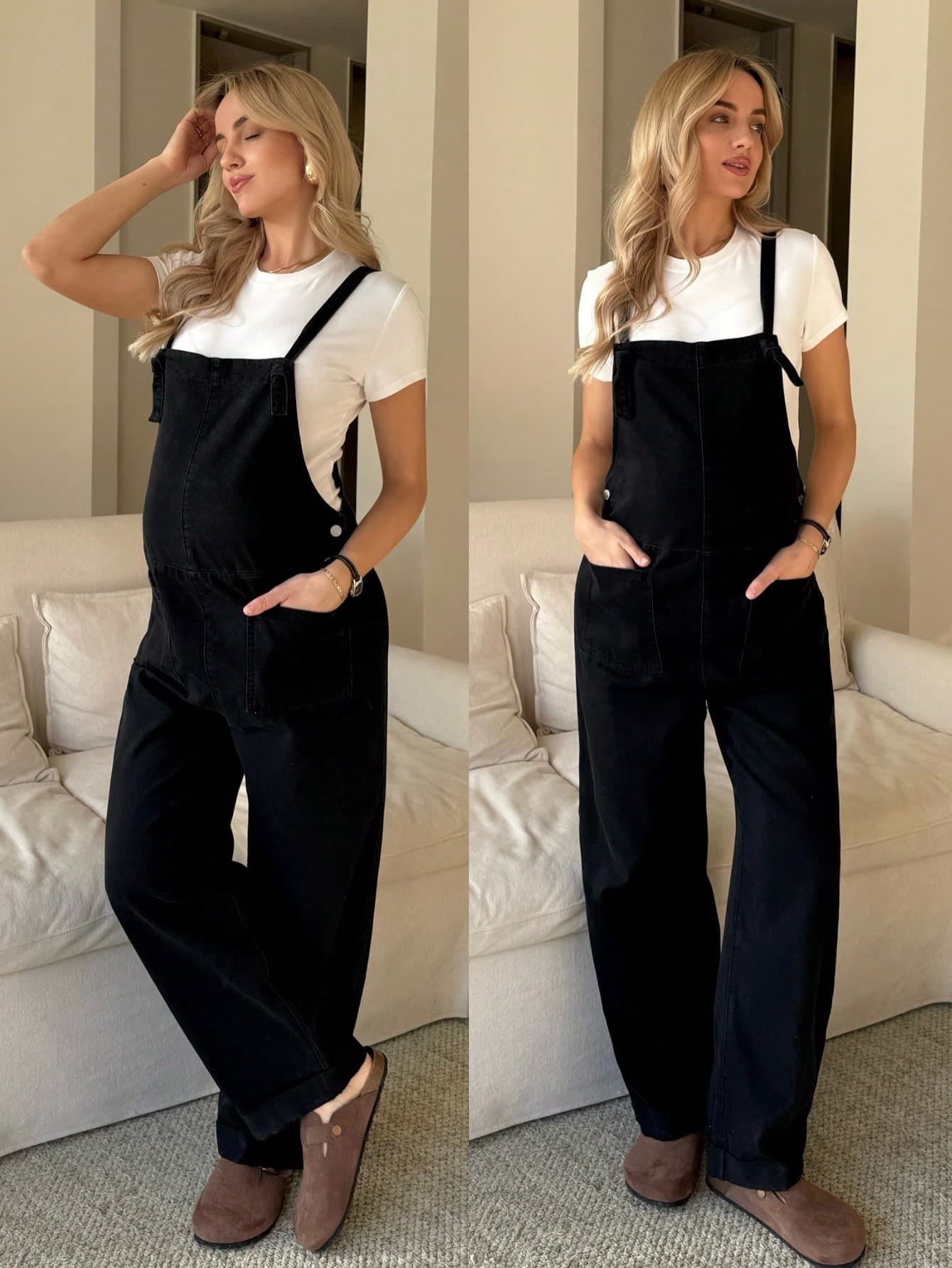 SHEIN Women's Maternity Black Denim Overalls,Solid Straight Leg Jumpsuit With Pocket,Summer Smart Casual Everyday Chic Y2k Streetwear Versatile Comfort