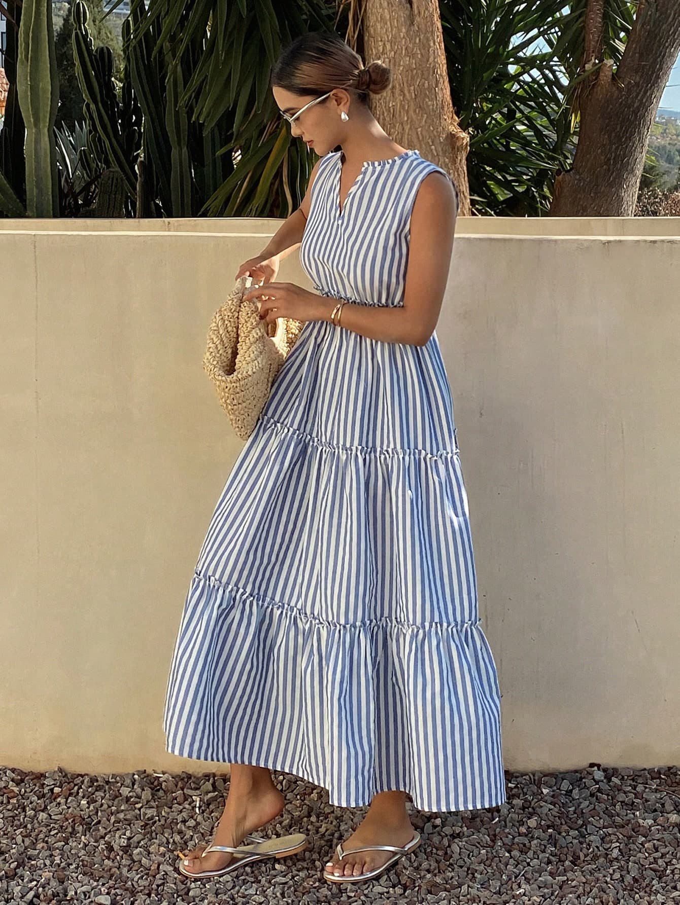 DAZY Women's Elegant Colorblock Striped Round Neck Sleeveless Dress, Summer Wedding Guest Dress Sun Dresses For Women