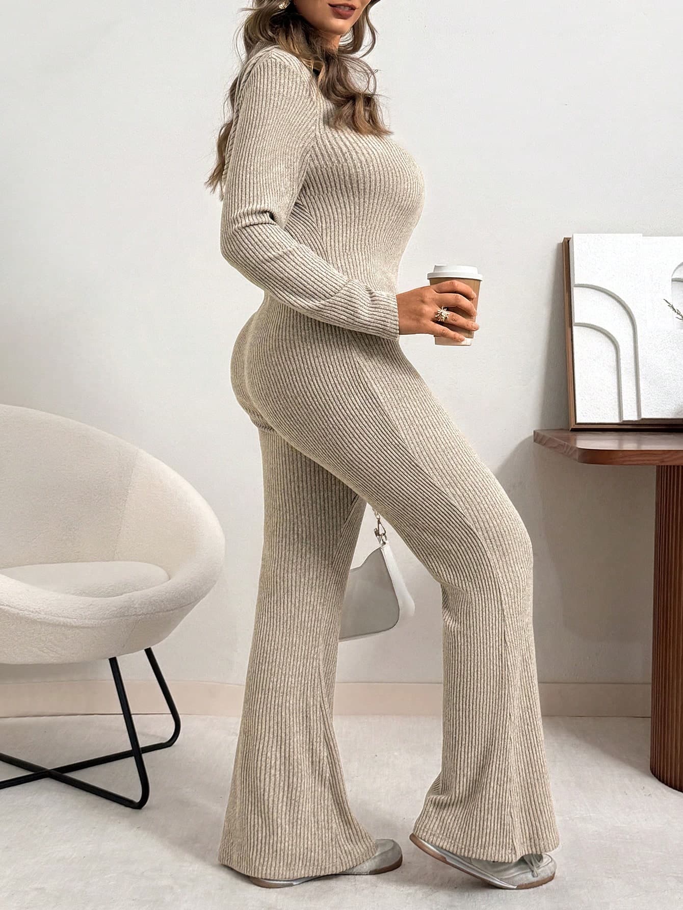 Vionelle Khaki Plus Size Women Autumn Smart Casual Front Zipper Hooded Jumpsuit,Ribbed Knit Long Sleeve Flare Leg Romper,Everyday Comfortable Streetwear