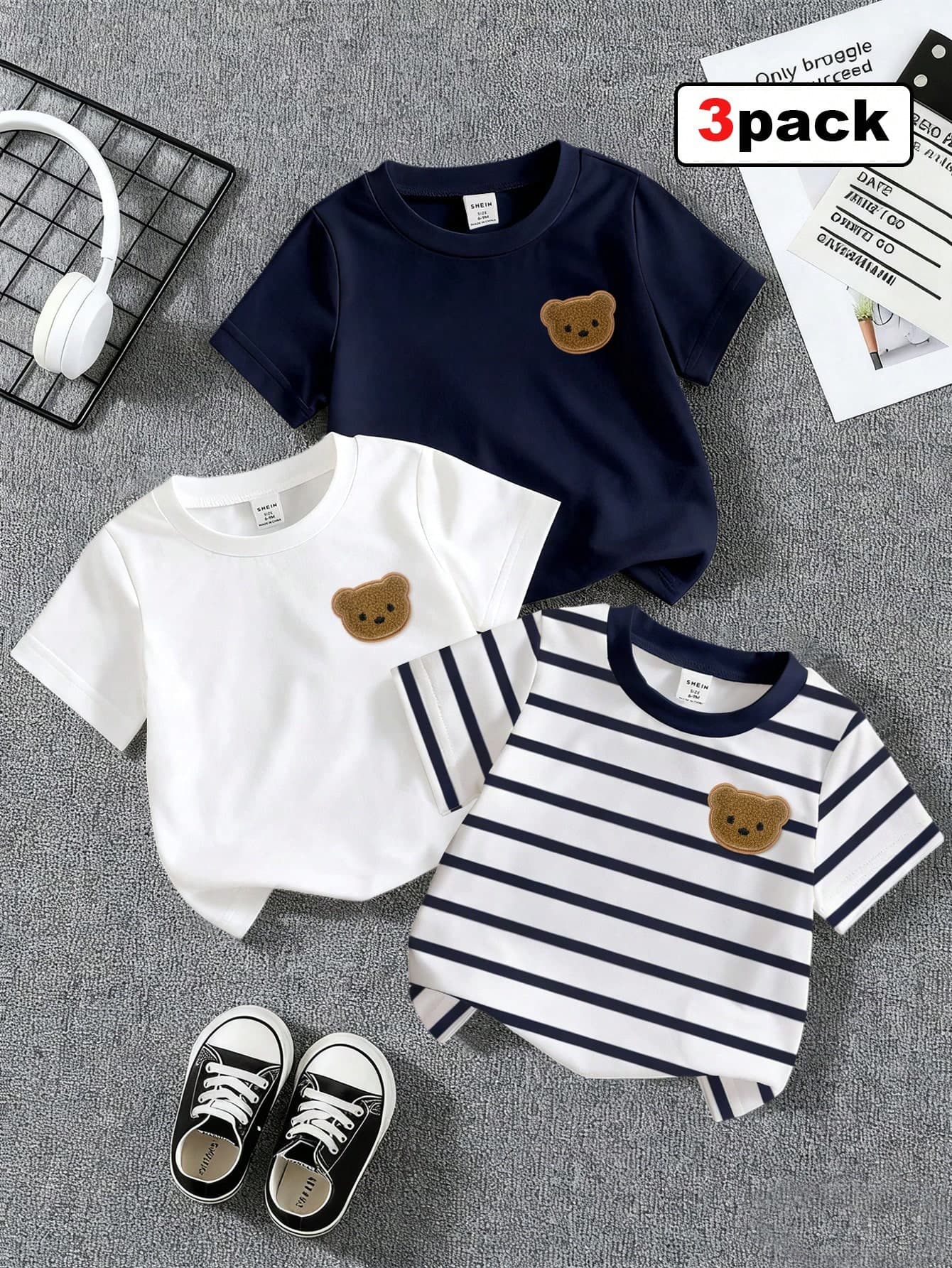 Souflis Souflis Baby Boy 3pcs White Summer Casual Cute Carrer Day Back-To-School Soft Knit Short Sleeve T-Shirt Set Newborn 6-36M Striped & Bear Pattern Teddy Outfit