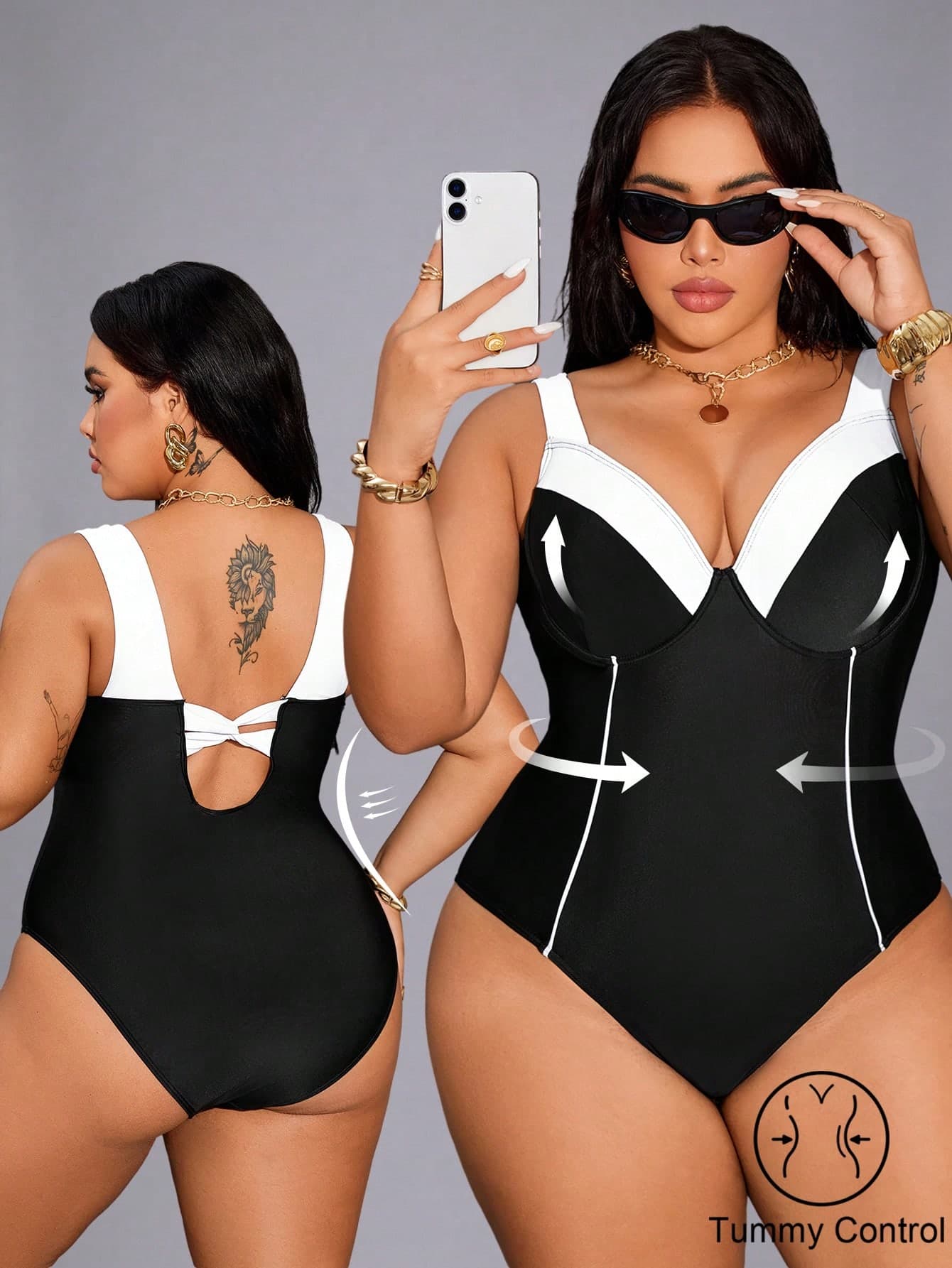 Shapewave Plus Size Elegant Black&White Contrast Bust Support One-Piece Swimsuit,Tummy Control Modest Flattering Swimwear For Summer Beach Holiday