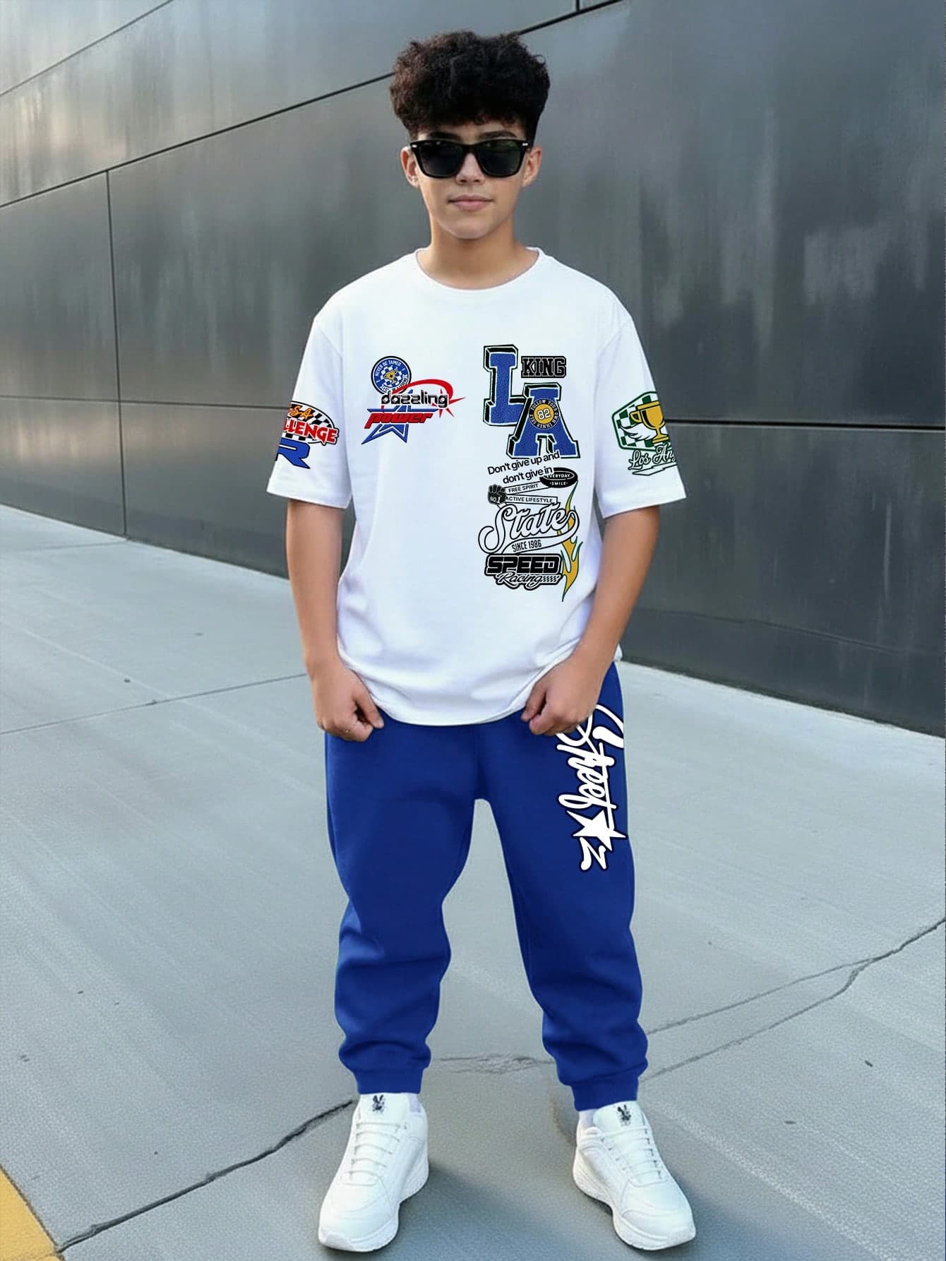 2pcs Tween Boy Casual Y2K Graffiti Letter Print Short Sleeve T-Shirt And Pants Set, Suitable For Spring/Summer
