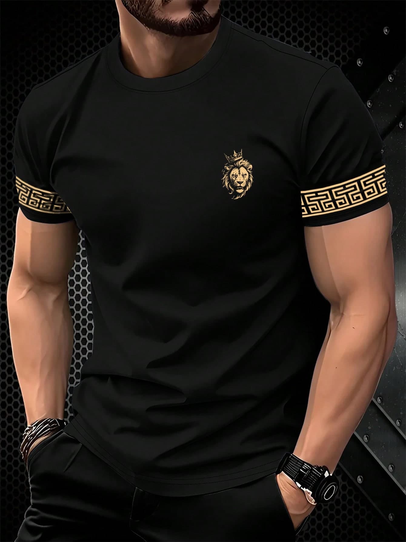 Manfinity Roughcore Men's Classic Fashion Casual Black Round Neck Printed T-Shirt Men's Round Neck Short Sleeve T-Shirt With Crown Lion Print Men Black And Gold T Shirt