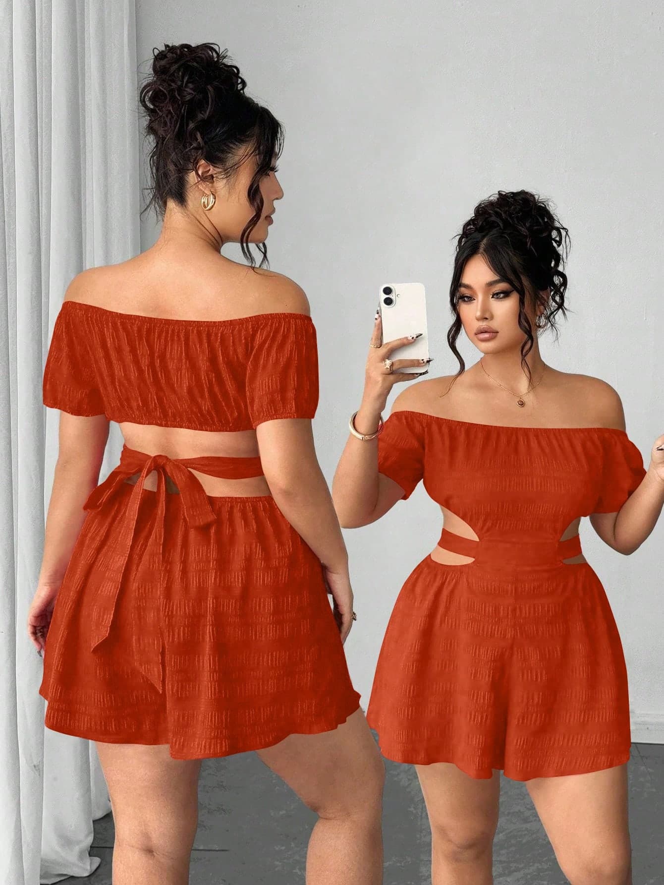 Elenzga Plus Size Women's French Textured Off-Shoulder Jumpsuit Red,Summer,Boho,Satin,Party Curvy Two Piece Shorts Set Curve Clothing Summer 2 Piece Set