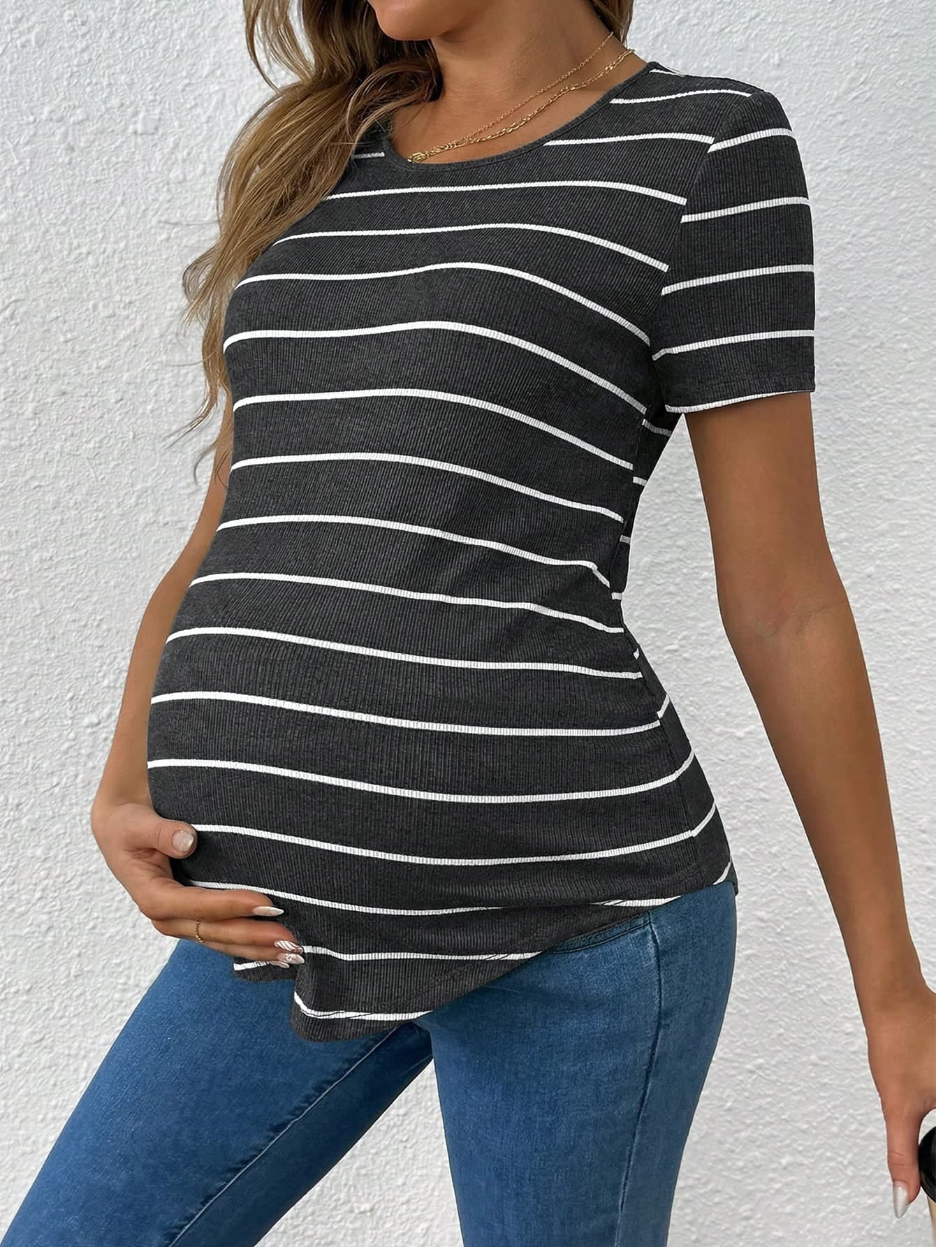 SHEIN Maternity Casual Striped Round Neck Short Sleeve T-Shirt, Summer