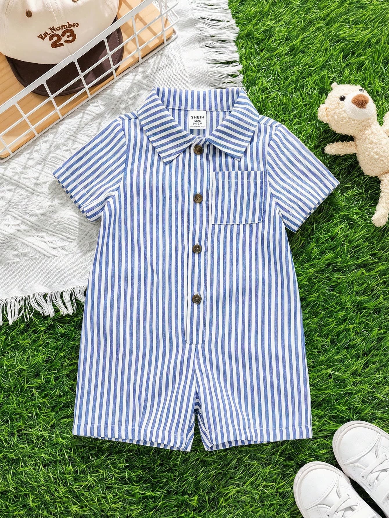 SHEIN Baby Boy/Girl Blue White Stripe Summer Casual Romper,Korean Style Lapel Loose Knit Stripe Shirt,Newborn Outfit For Indoor Outdoor,Family Matching