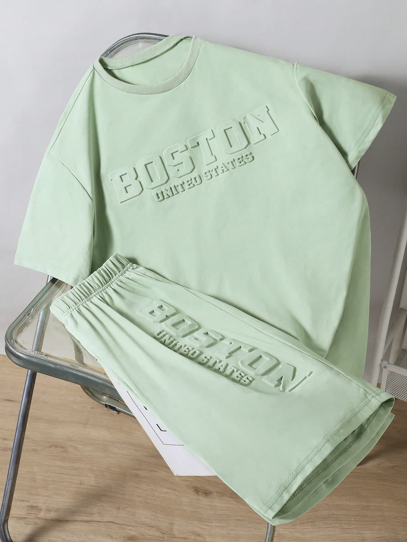 Mirajuku 2pcs Teenage Boys' Mint Green T-Shirt And Shorts Set,Summer Beach Streetwear,Back-To-School 3D Letter Print Fashion Sports Casual Minimalist Outfit