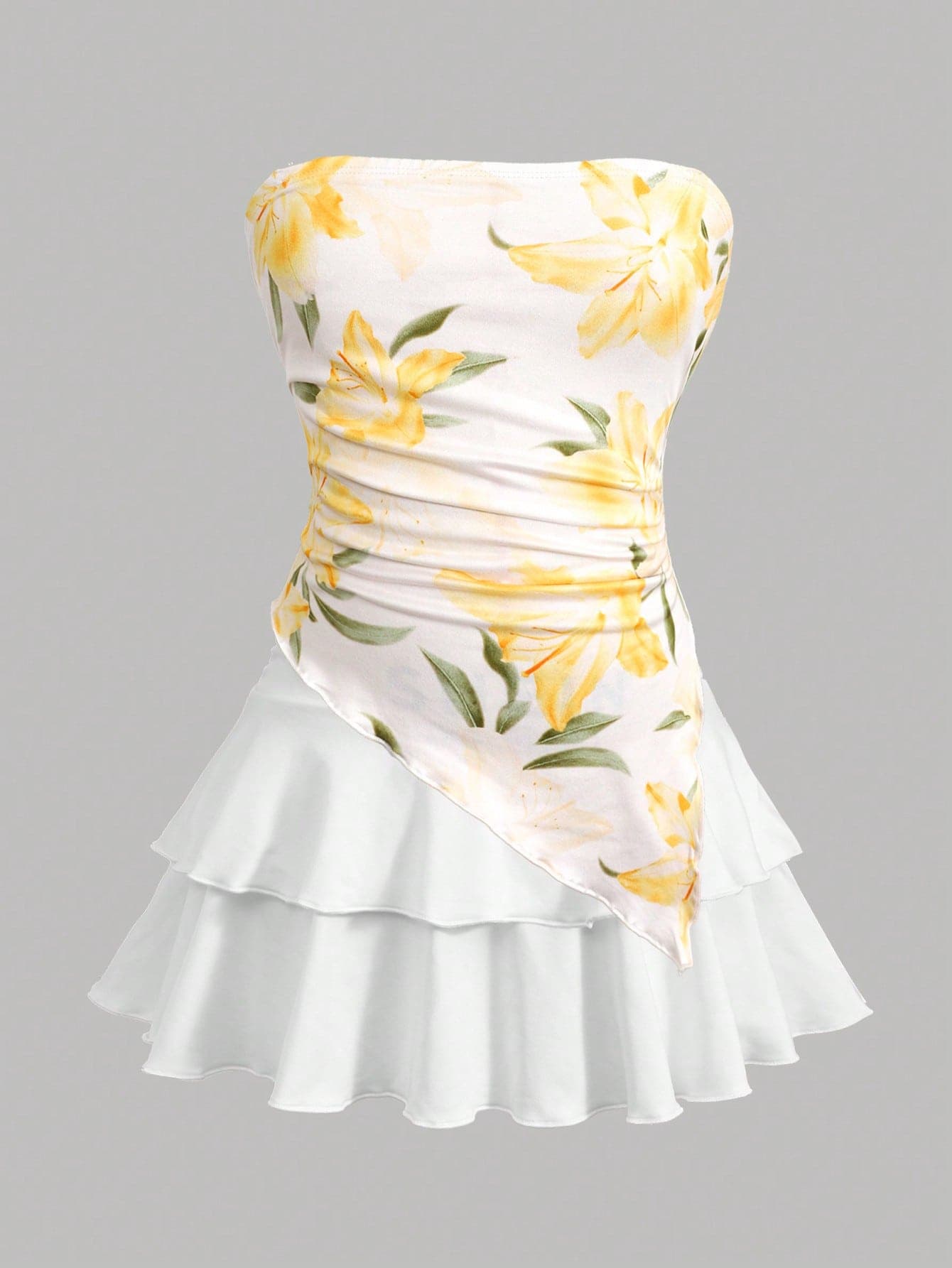 Girlism Kids Tween Girl Floral Print Asymmetric Hem Ruffle Trim Camisole And Skirt Set, Casual & Comfortable Summer Outfits For Women Tiered Dress Dress For Summer White And Yellow Dress Strapless Floral Dress