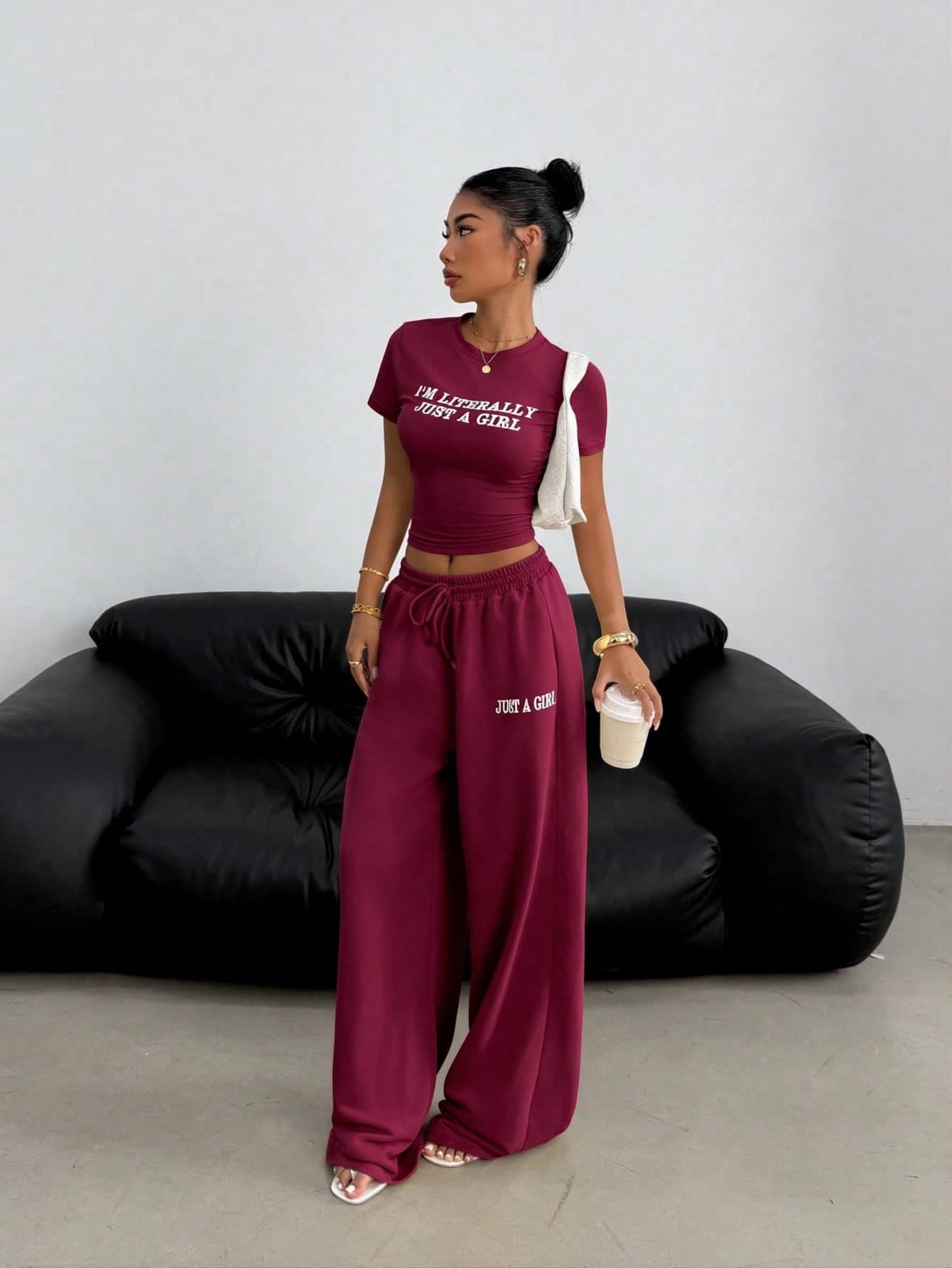 SHEIN EZwear Women's Burgundy Summer Casual Streetwear City Break 2 Pieces Set,Slogan Print Round Neck Short Sleeve Fitted T-Shirt & Drawstring Wide Leg Pants Set