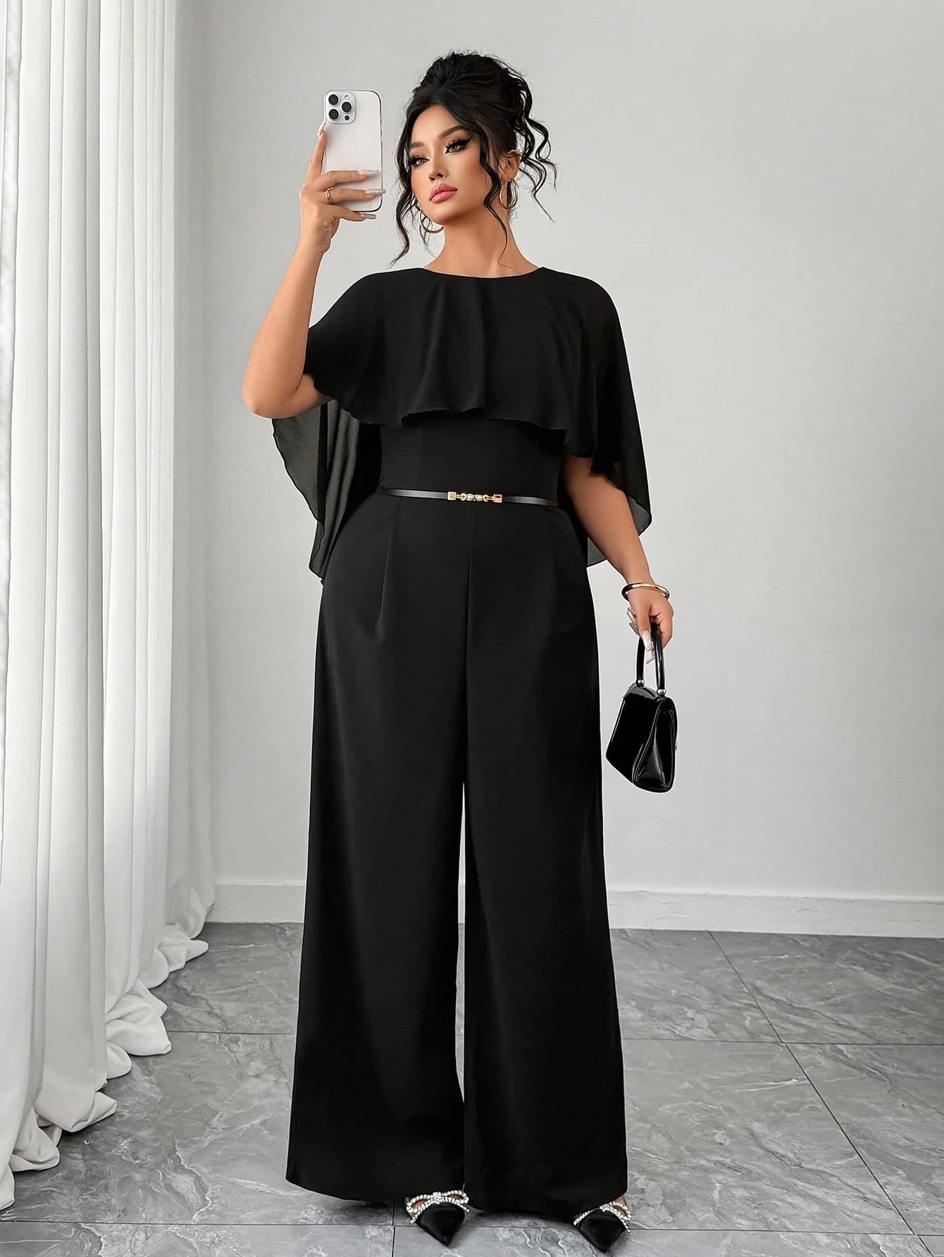 Elenzga Black Autumn Elegant Formal Dinner Evening Ruffle Boat Neck Tie Shawl Chiffon Jumpsuit,Plus Size Two Piece Outfit Pant Suit,Business Casual Party