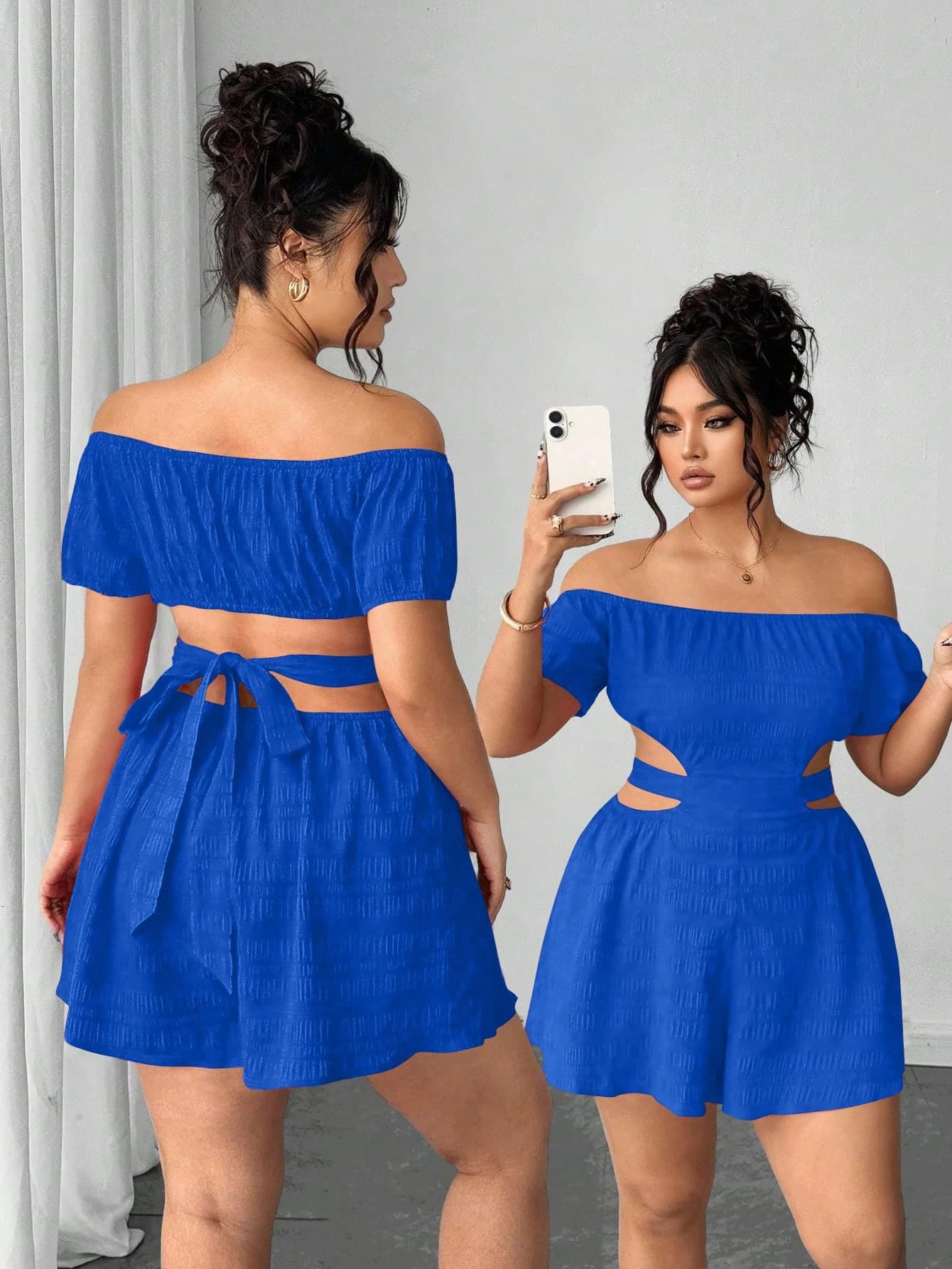Elenzga Plus Size Women's French Textured Off-Shoulder Jumpsuit, Royal Blue Summer Smart Casual Sexy Vacation Curvy Two Piece Set, Denim Outfit Curve Clothing