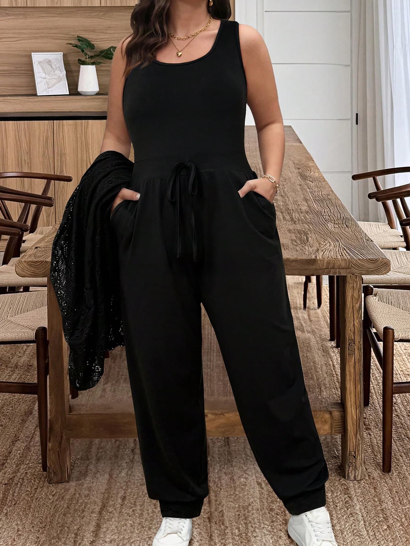 Vionelle Plus Size Women's Black French Style Smart Casual 2-Piece Set,Sleeveless Jumpsuit & Lace Fabric Long Sleeve Duster Cardigan,Summer Holiday Pantsuit
