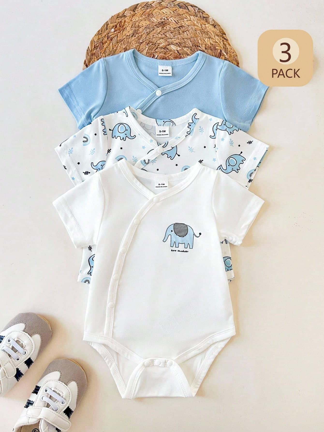 SHEIN 3pcs Newborn Cute Elephant Print Round Neck Snap Crotch Romper, Casual Versatile Comfortable Outfit For Spring/Summer Outings And Daily Wear