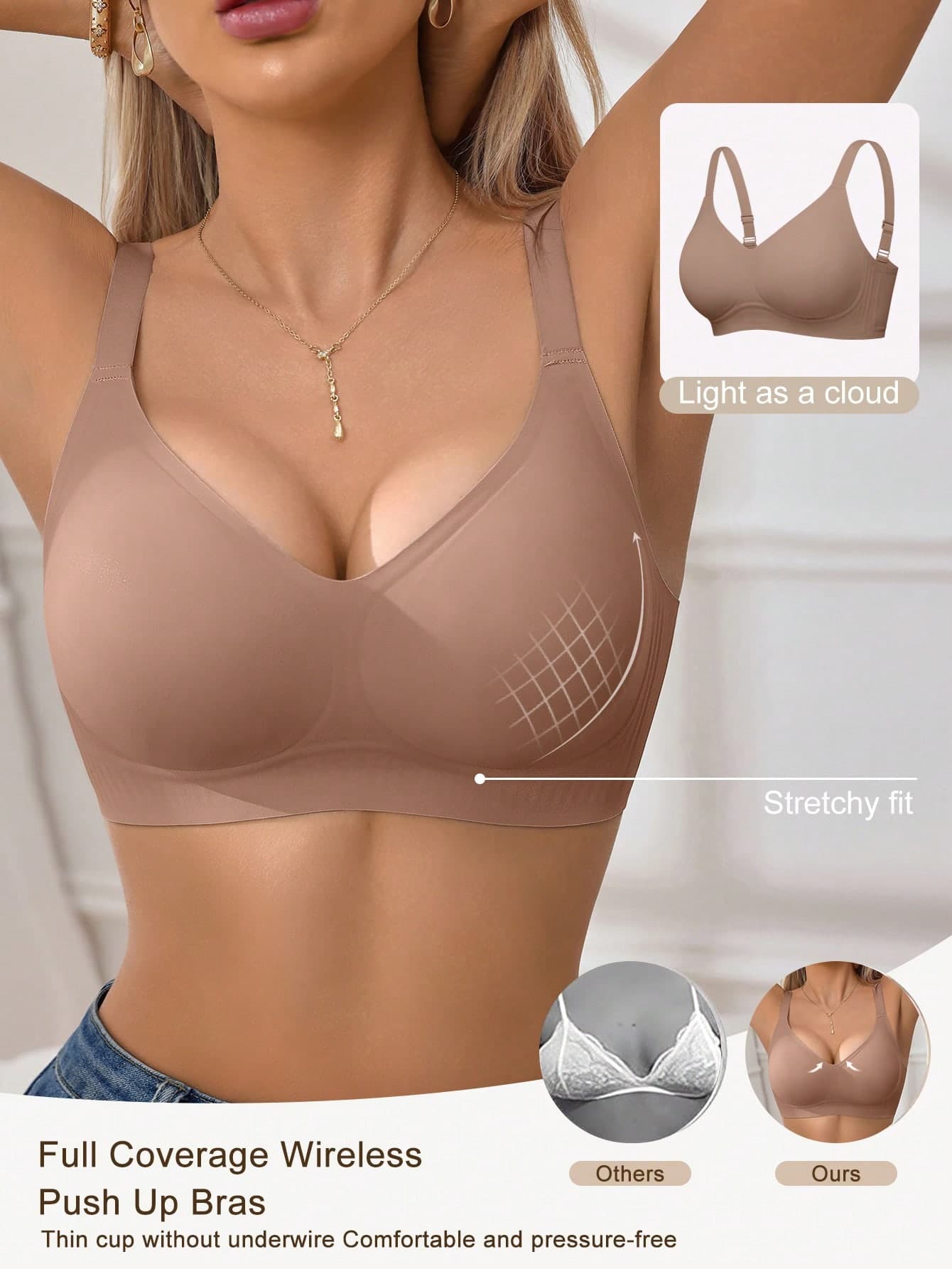 Wire-Free Support Bra, Brown, Comfortable Full-Cup, Lightweight, Women's Bra, Wire-Free Thin Cup Bra, Support Bra