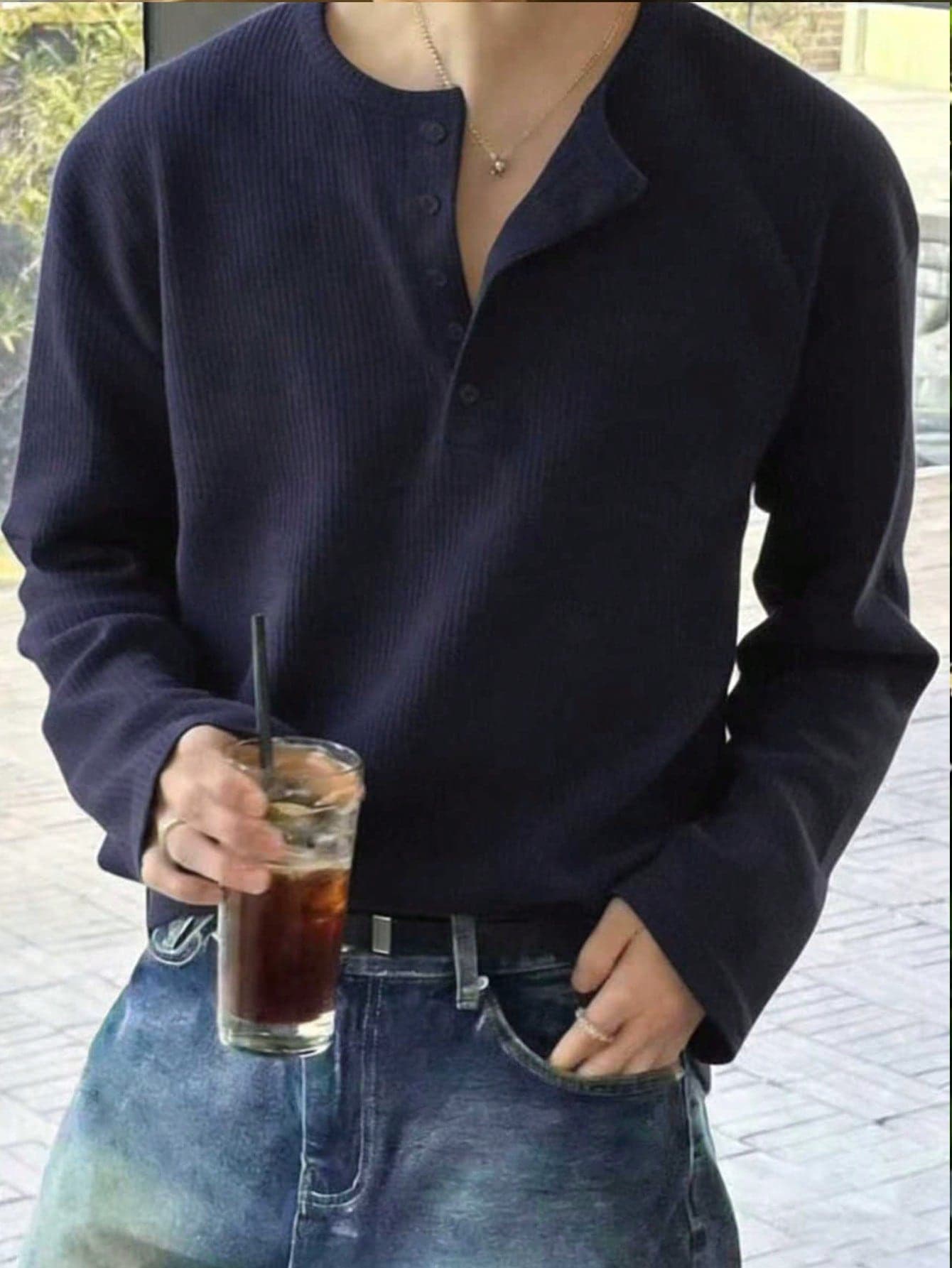 SHEIN Men's Solid Color Half-Placket Button Casual Versatile Long Sleeve T-Shirt