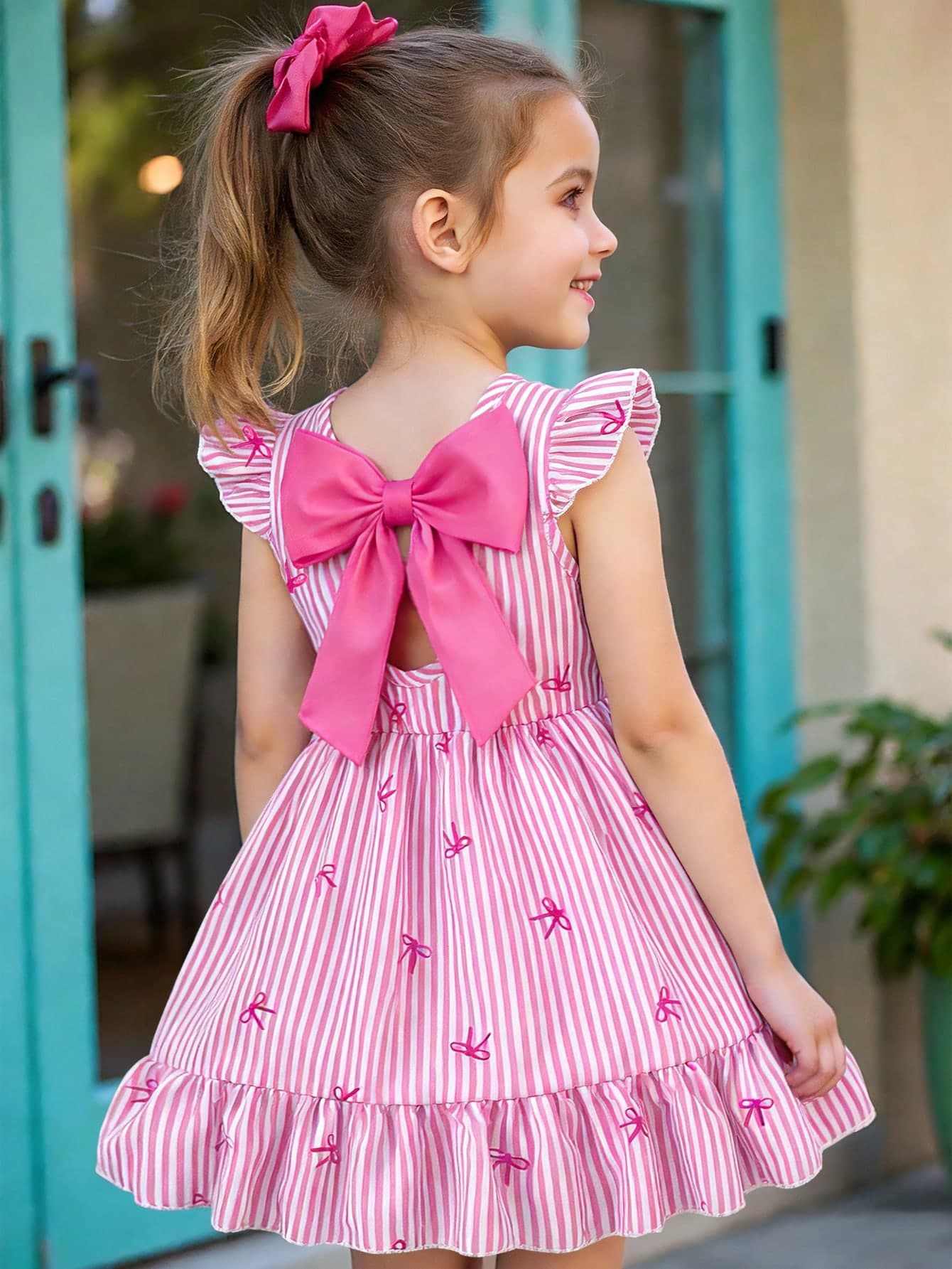 SHEIN Elladie kids Girls White Elegant Striped Bow Print Round Neck Flutter Sleeve Hollow Back Bow Decor Ruffle Hem Fairy Birthday Dress,Summer Vacation Casual Fashion