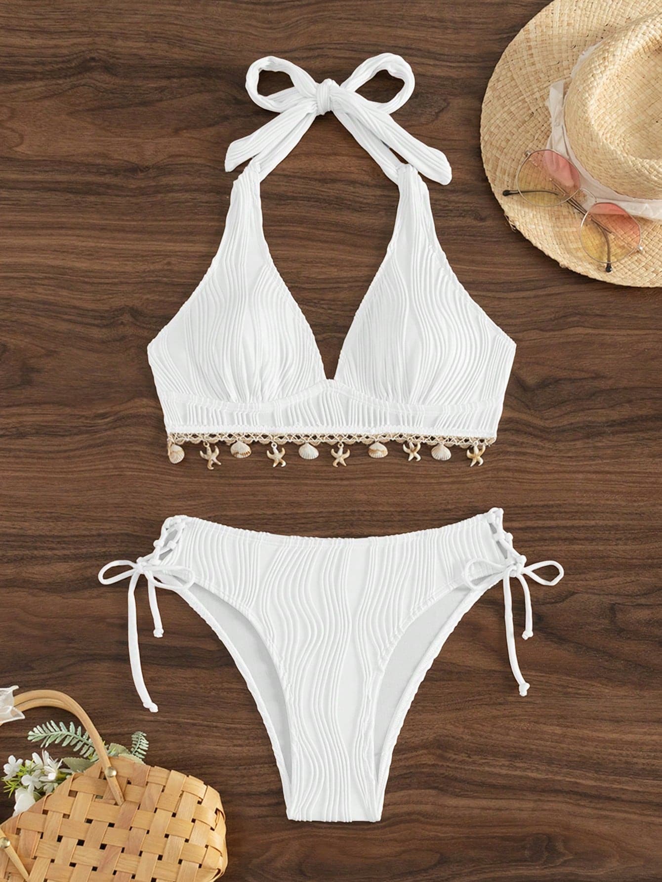 Swim Vcay 2pcs Women White Summer Boho Holiday Party Holiday Shell Decor Halter Top And V-Cut Triangle Bikini Set Apricot Floral Print Hem Sea Two Piece Beach