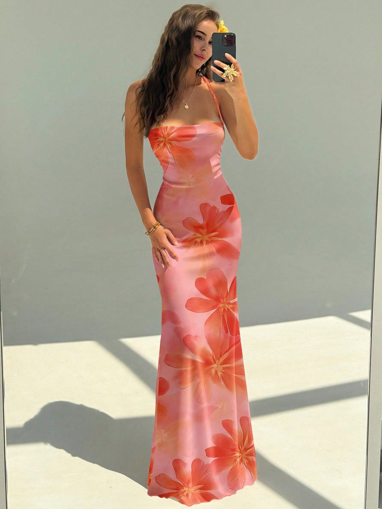 Aloruh Women's Elegant Hibiscus Floral Pink And Orange Backless Dress,Summer,Casual,Holiday,Vacation,Holiday Beach Outfit,Boho Wedding Guest Bridal Shower