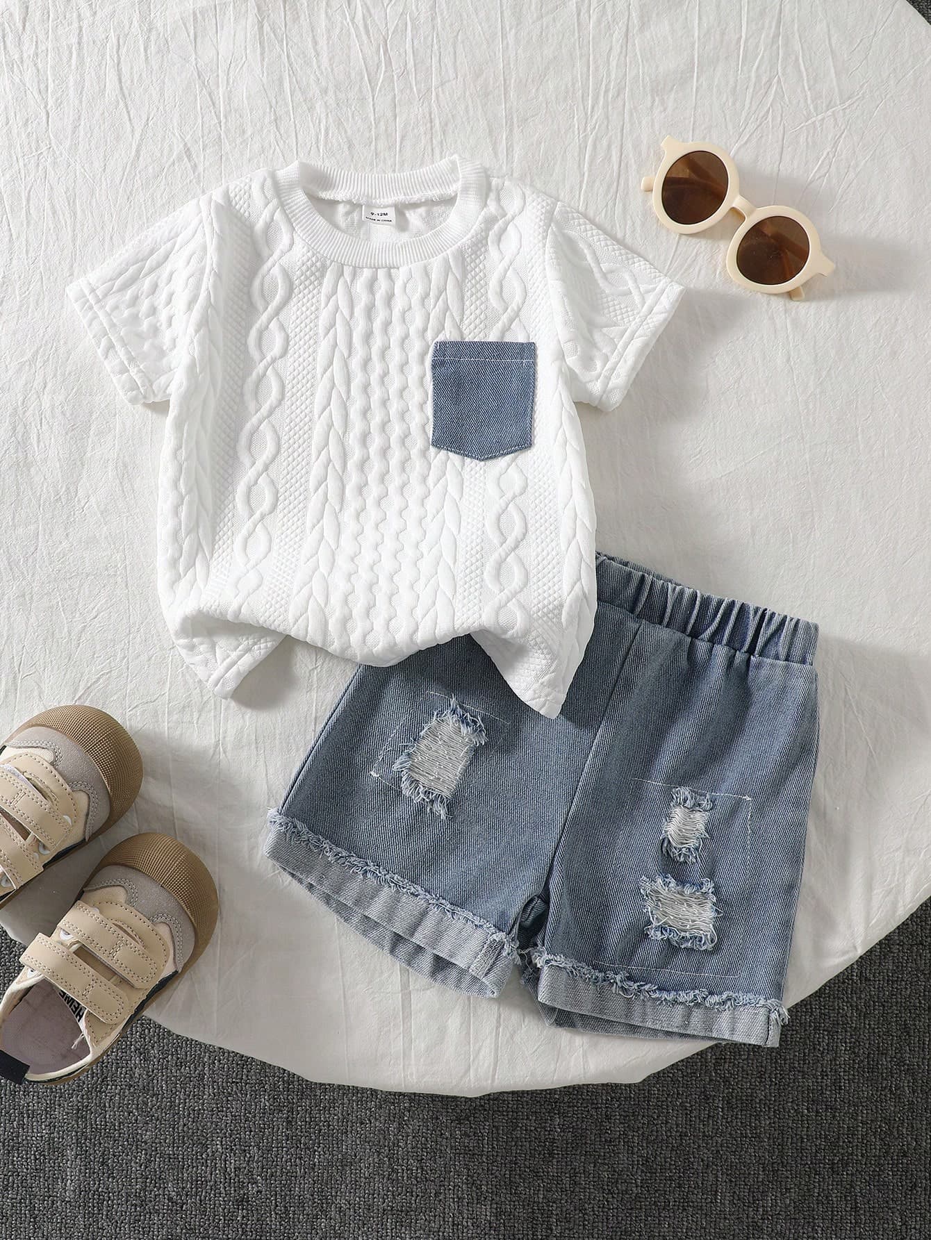 SHEIN Playful Pals 2pcs Baby Boy Toddler 0-3 Years Old Spring/Summer Casual Daily Wear Denim Ripped Shorts & Heather Tee Shirt Cotton Outfit Set