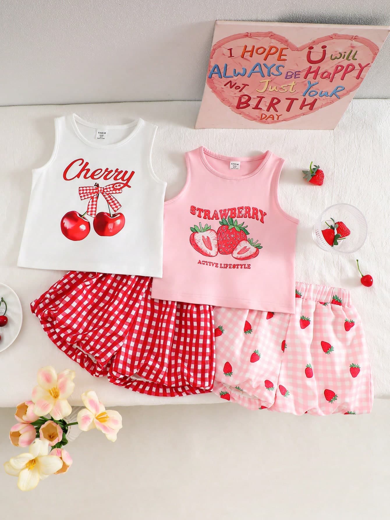 SHEIN Genkimix Kids 4pcs/Set Young Girl Sweet Cherry & Strawberry Print Camisole Top,Strawberry Plaid Ruffle Hem Shorts,Fresh Summer Vacation Style,Beach Travel Outfits