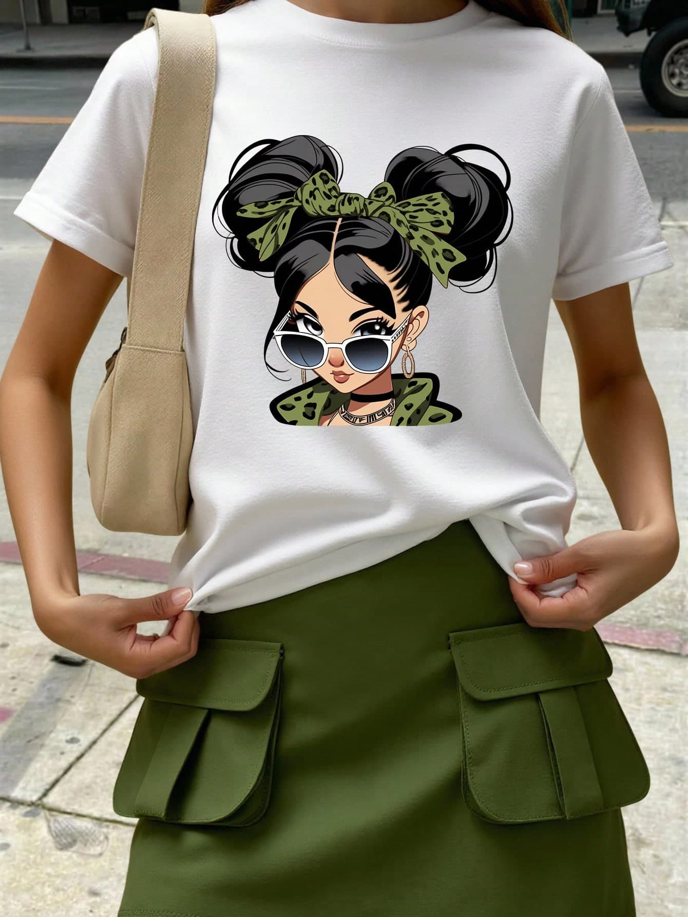 SHEIN Explorewe 2pcs/Set Girls Casual Summer Streetwear Outfit,Green And White Short Sleeve Round Neck T-Shirt With Cargo Skirt,Cute Girl Pattern Holiday Fashion