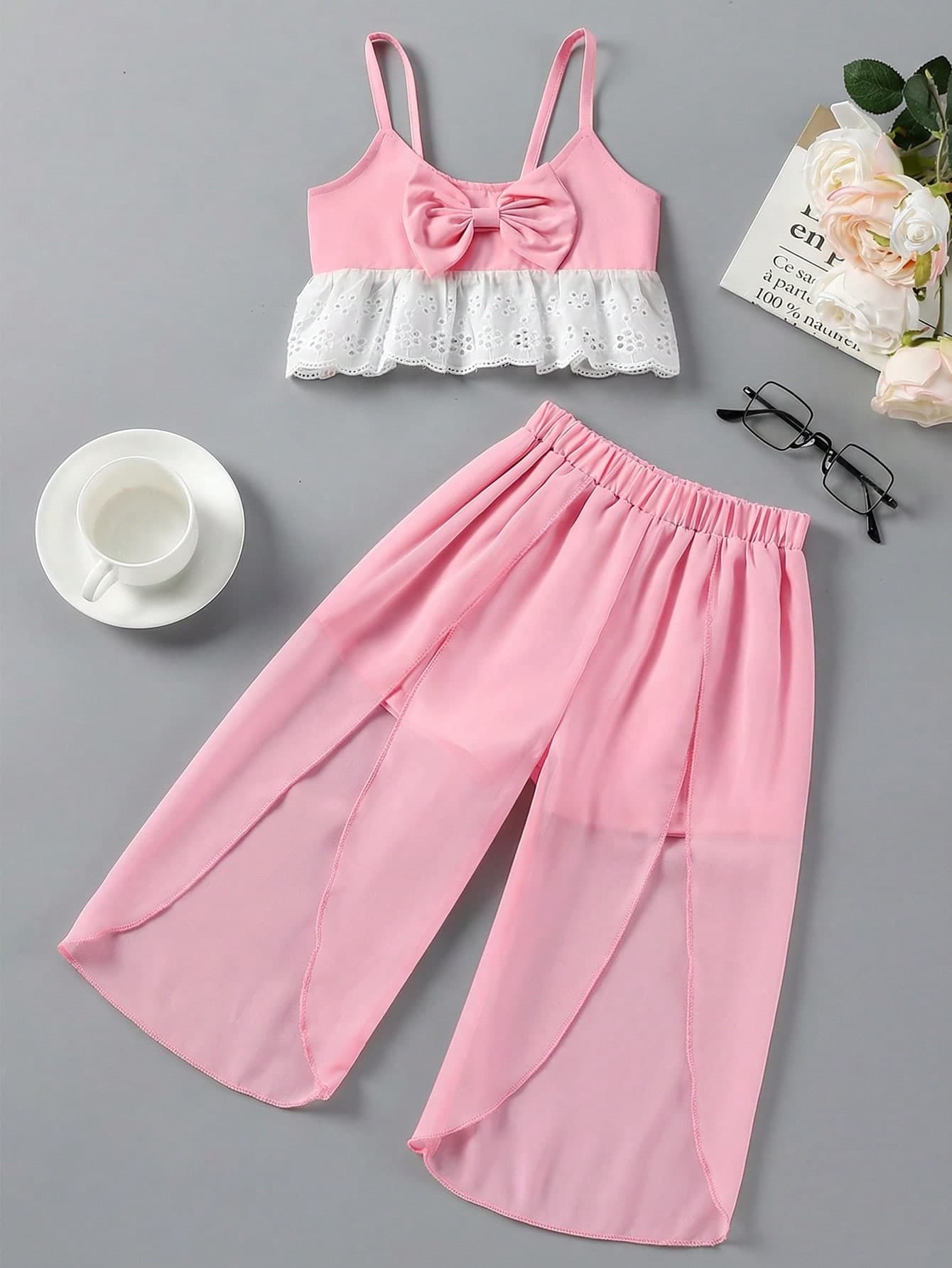 SHEIN Young Girl Light Pink Summer Casual Butterfly Decor Hollow Out Embroidery Ruffle Hem Camisole And Wide Leg Pants 2 Piece Set Birthday Outfits