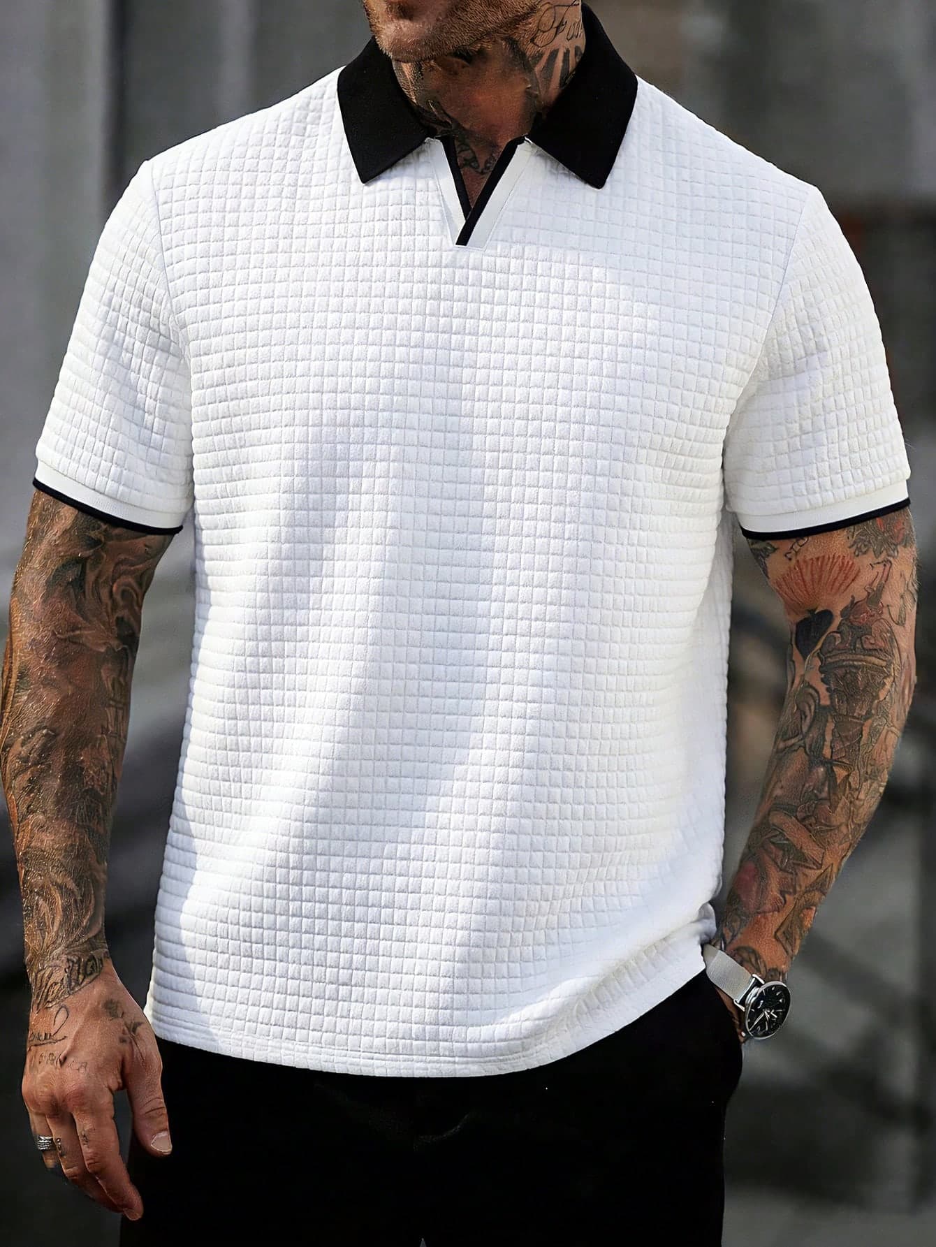 Manfinity Homme Men's Contrast Color Short Sleeve Polo Shirt,White And Black Mesh Casual Summer College Style T Collar Top For City Break,Daily Leisure,Old Money